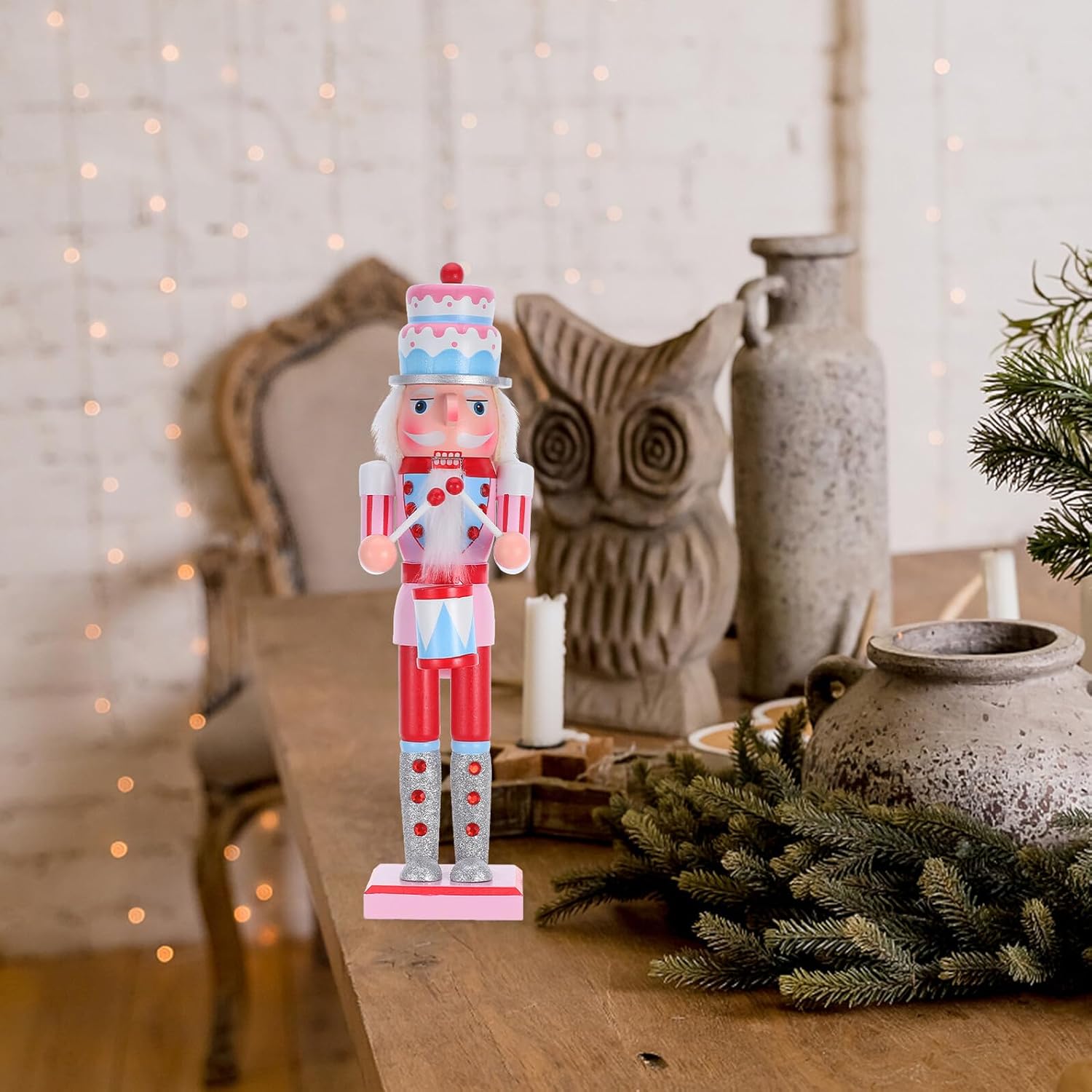 Pink Wooden Nutcracker Figurine Theme Design, Classic Nutcracker Christmas Decoration for Tabletop and Shelf Holiday Display