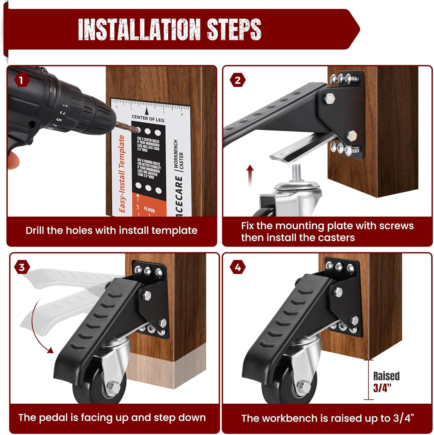 SPACECARE Workbench Casters Retractable Casters Kit 900Lbs, 4 Heavy Duty Casters Side Mounted All Steel Construction Urethane, Bonus Install Template, 4 Pack
