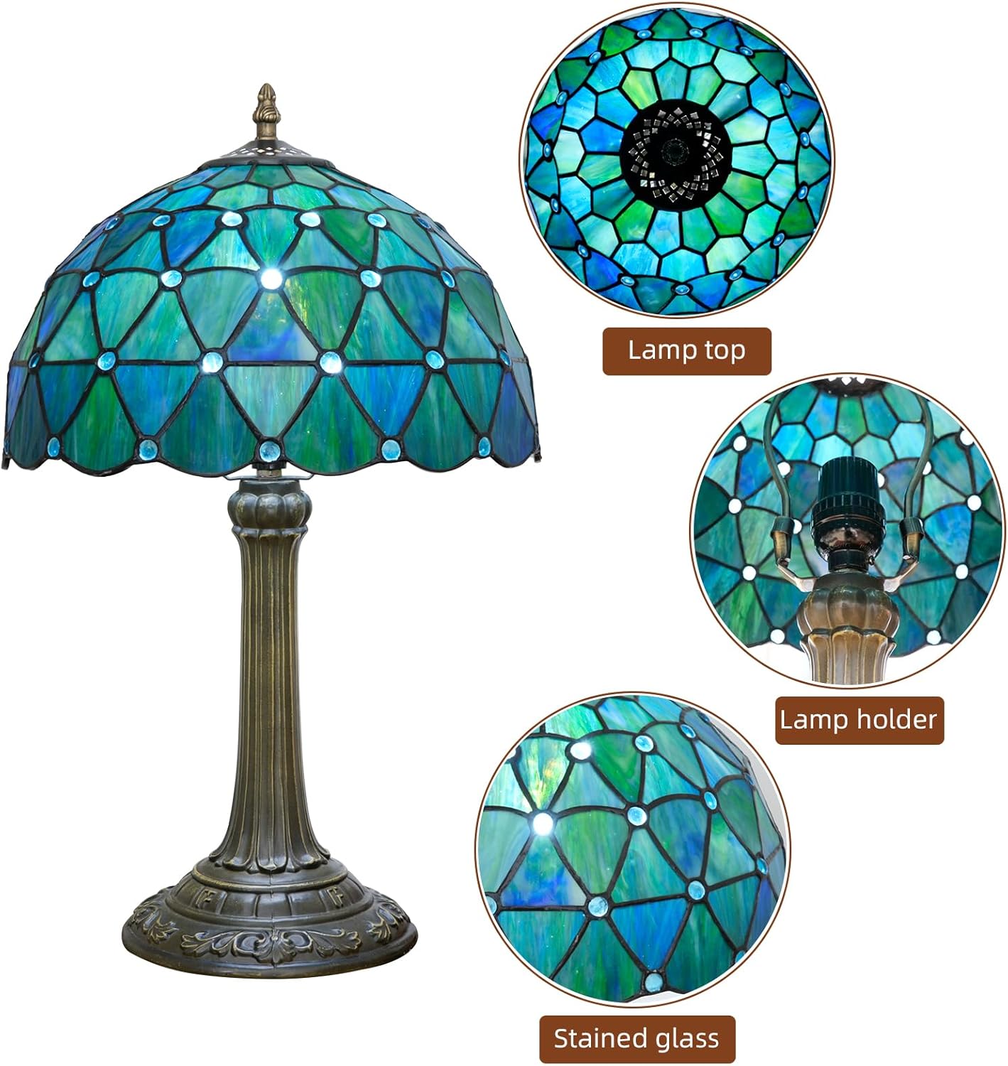 Tiffany Lamp Stained Glass Table Lamp 12X12X18 Inches Sea Blue Style Living Room Bedroom Dorm Kitchen Home Decor Festival Birthday Gift