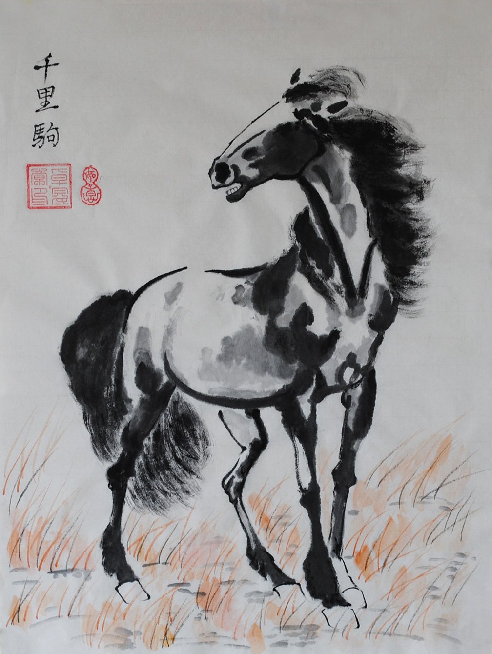 Peinture de cheval à l'encre chinoise sur papier de riz, tableau aquarelle de 45x34 cm sans cadre