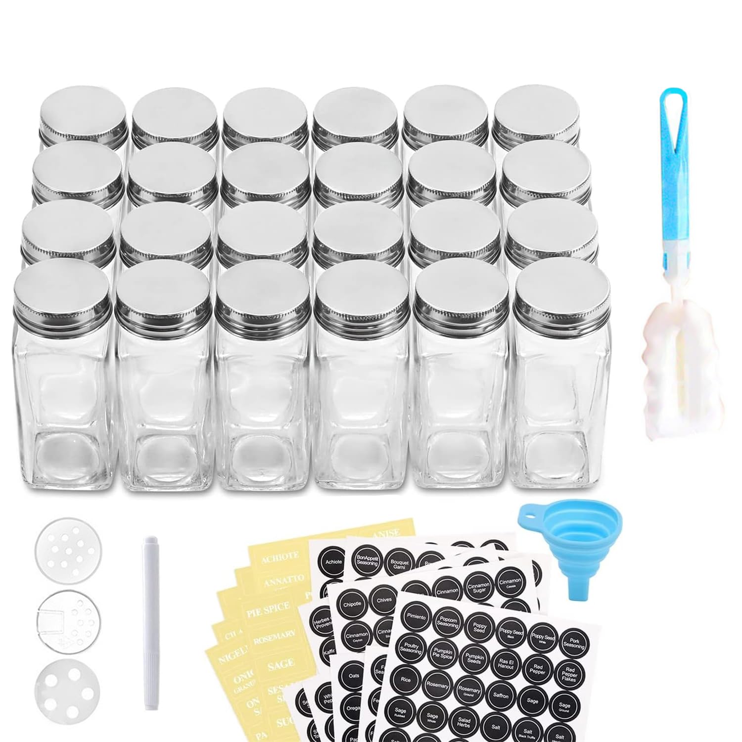 OMIRA 24PCS Glass Spice Bottle with Label, 120 ml, 4 oz Square Spice Bottle with Stainless Steel Lid, 24 8-Hole PP Lids, Collapsible Funnel, Sponge Brush, Marker Pen, and 2 Black Blank Stickers