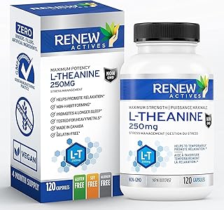 Renews Active L-Theanine Supplement, 250mg Max Strength! Promotes Alertness without Drowsiness. Natural, Fast-Acting Anxiety Supplements for Less Stress & More Calm, 120 Vegan Capsules, Made in Canada!