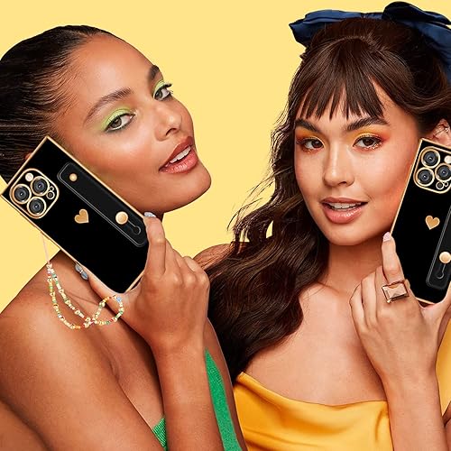 Miniatura 6 de Petitian Funda cuadrada para iPhone 12 Pro Max con soporte y correa Loopy, fundas de lujo para mujeres y niñas, diseño electrochapado en corazón,