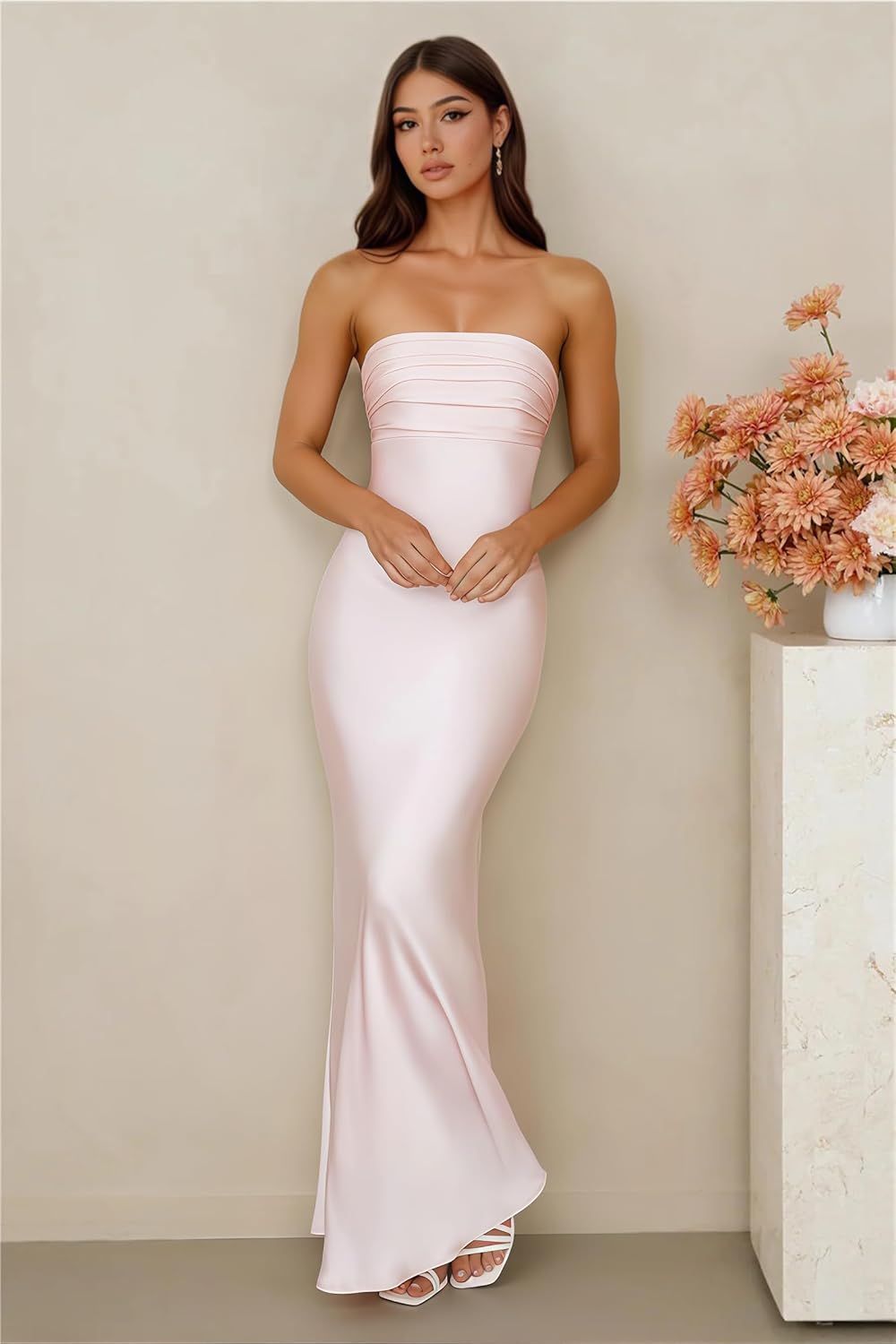 Satin Strapless Ruched Bridesmaid Dresses for Women 2026 Mermaid Long Formal Evening Gown