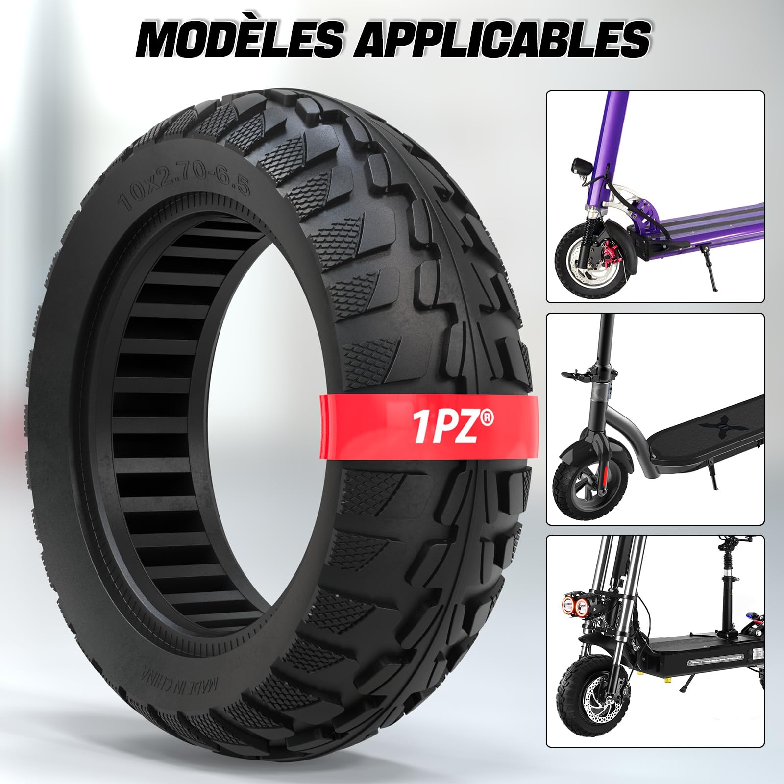 1PZ FM8-S27 Pneu Plein 10 Pouces pour Trotinette Électrique Tout-Terrain - 10x2.70-6.5 - Compatible avec UrbanGlide E-CROSS PRO (avec 1 Démonte-Pneu)