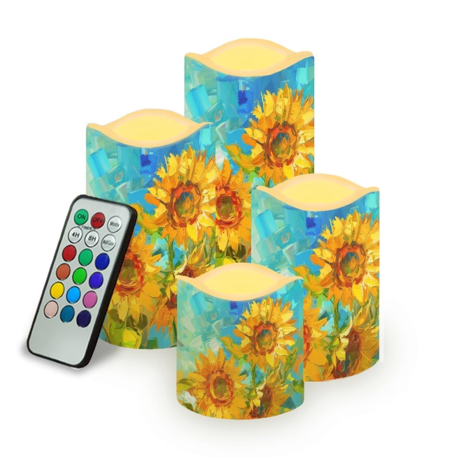 Uorisanigo Sunflower Flameless Candles with Remote Color Changing Battery Operated Pillar Candles with Flickering Flame Electric Fake Plastic Candles Tea Light Living Room Dining Table Decor