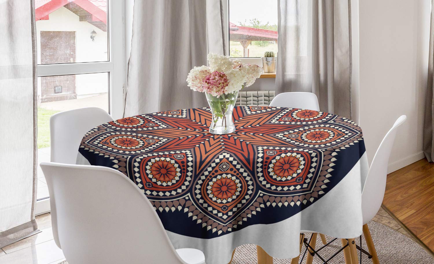 Ambesonne Mandala Round Tablecloth, Ornamental Eastern Round Lace Motif Boho Mosaic, Circle Table Cloth Cover for Dining Room Kitchen Decoration, 60", Night Blue