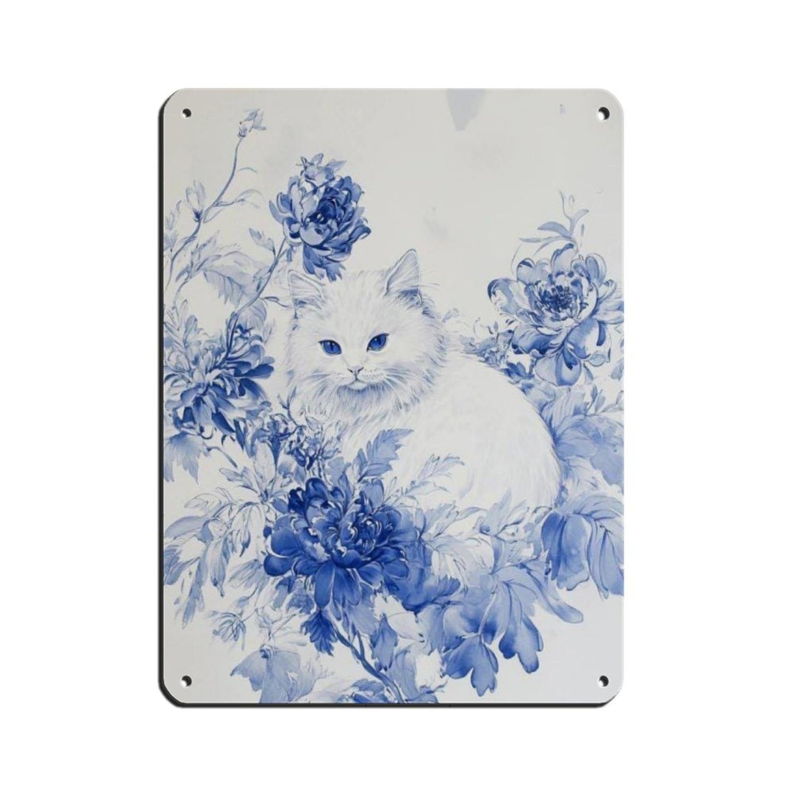 Lxwnze 30L X 40W Cm Schattige Witte Kat Met Blauwe Bloemen Poster Tin Sign Vintage Metal Pub Club Cafe Bar Home Wall Art Decoration Poster Retro 12X16inch(30X40cm)