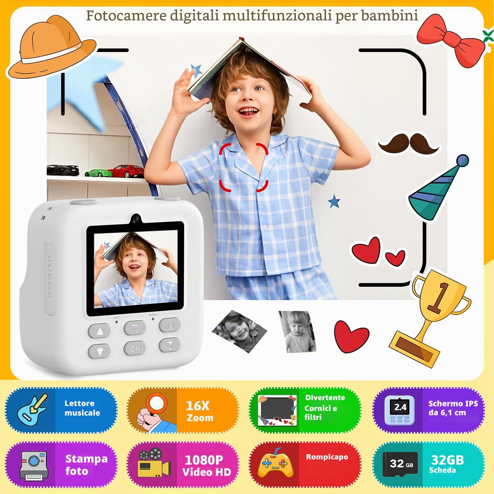 Macchina Fotografica Istantanea Bambini, 20MP/1080P HD Fotocamera Istantanea Bambini Digitale con 32GB Scheda SD e 3 Rotoli di Carta da Stampa, Regalo per Ragazze Ragazzi da 3-14, Bianco