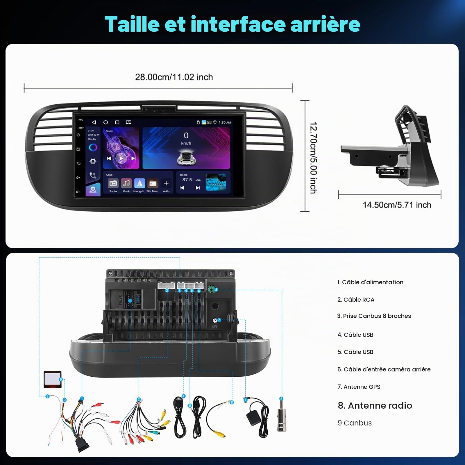 Hikity 4+64G 7" Autoradio Android pour Fiat 500 2007-2015 CarPlay
