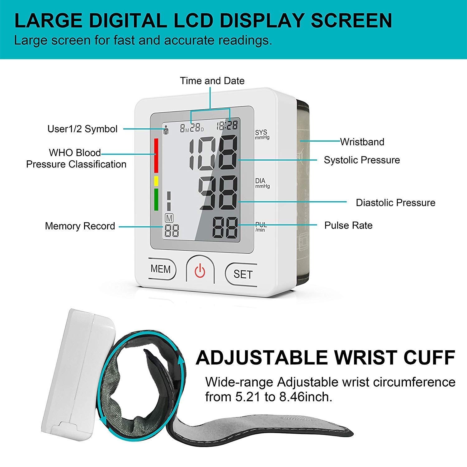 Monitor de presión Arterial de muñeca: Monitor de presión Arterial de medición automática Completa para Pulso de frecuencia cardíaca con función de Memoria de 90 lecturas