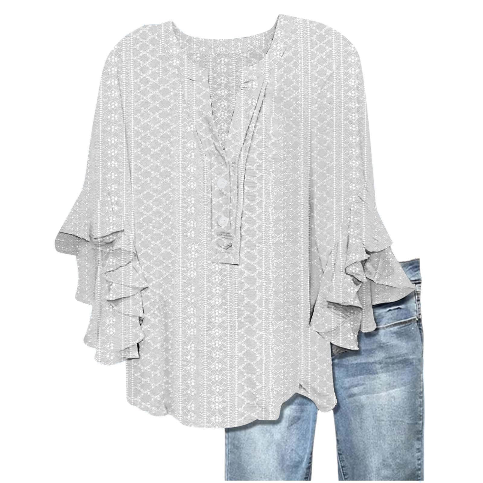 Women's Eyelet Tops V-Neck Ruffle 3/4 Sleeve Blouse Casual Loose Button Up Henley Shirts Boho Flowy Beach Clothes — view 22