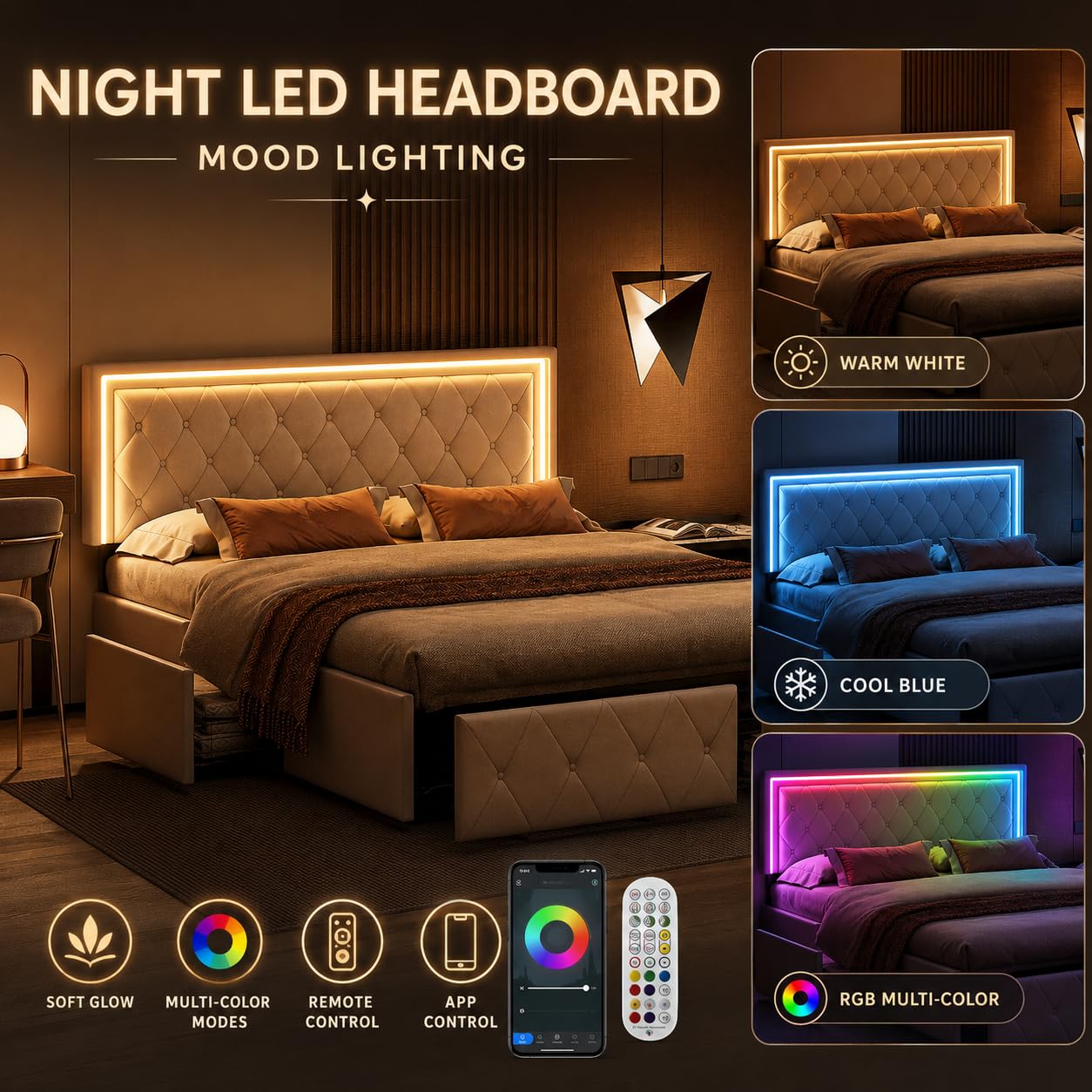 BRILVERDE Lit Double 160x200 avec sommier et Rangement, avec LED, Lit Coffre avec tête de lit et 4 Tiroirs, pour Adultes et Adolescent, PU (Beige, 160 x 200 cm)