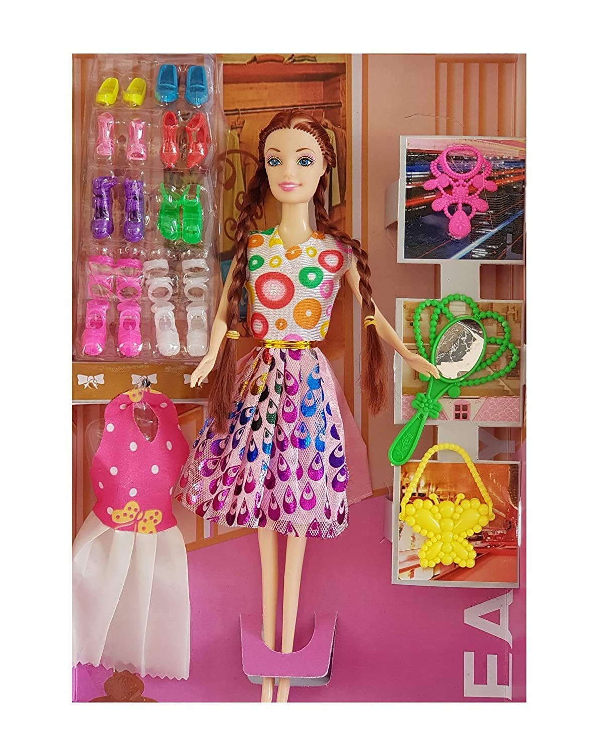 doll set for girls with beautiful dresses & fashion accessories doll set for little princess / girls kids / baby ( design and colour may very )-Pink 3