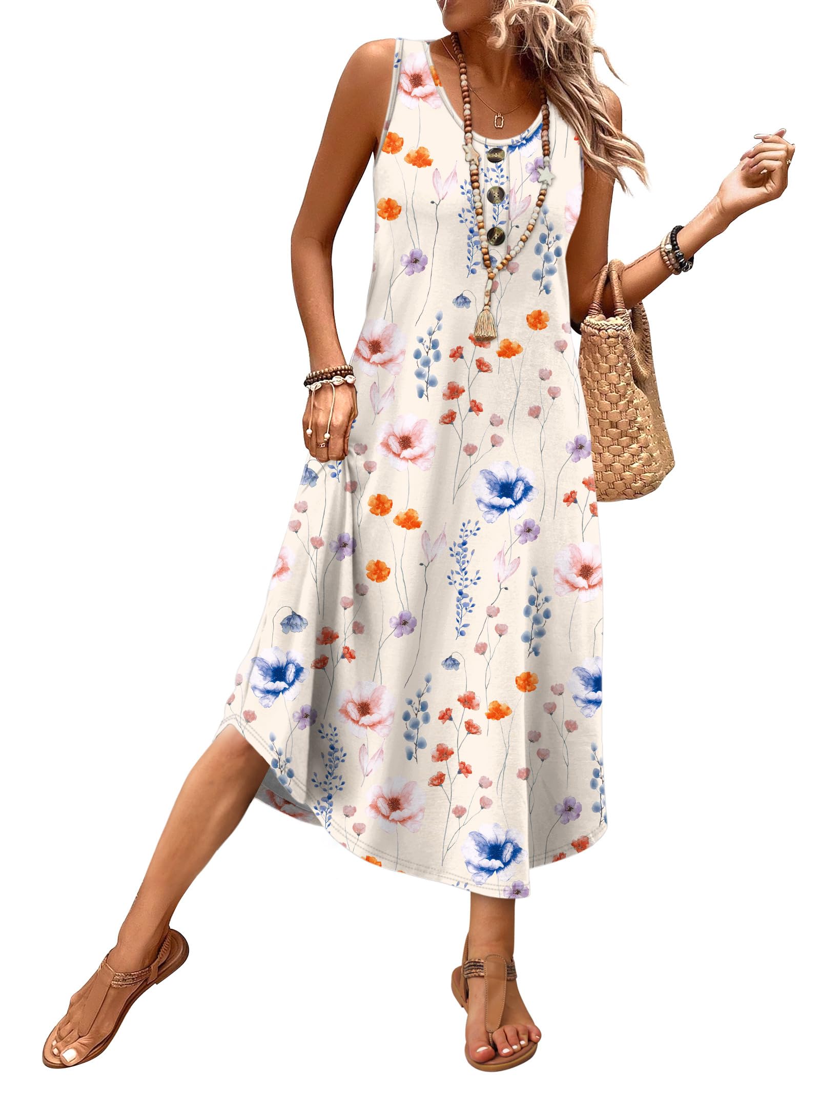 WIHOLL Summer Dresses for Women 2026 Button Front Sleeveless Casual Midi Dress Beach Vacation Sundresses with Pockets