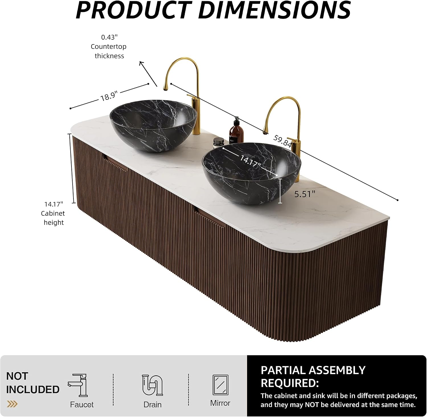 Floating Bathroom Vanity with Sink 60 Inch, Wall-Mounted Plywood Bathroom Vanity Cabinet with Drawer, Faux Marble Countertop & Black Bowl Ceramic Basin, Pre-Assembled, Walnut Wood Grain