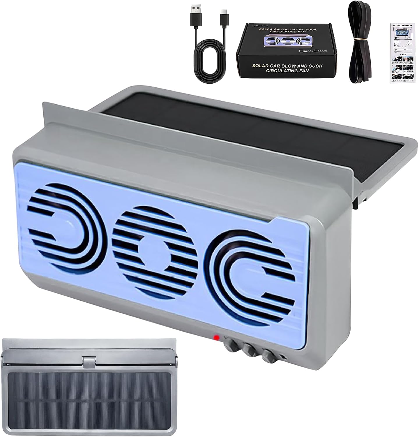 Solar Power Car Fan, Solar Powered Cars Window Fans, 9.25x5.12x2.17 Inches Vehicle Accessories Air Circulator Quiet for Sedan, SUV, Truck, RV, Winter, Summer, Road Trip, Travel Ventilation