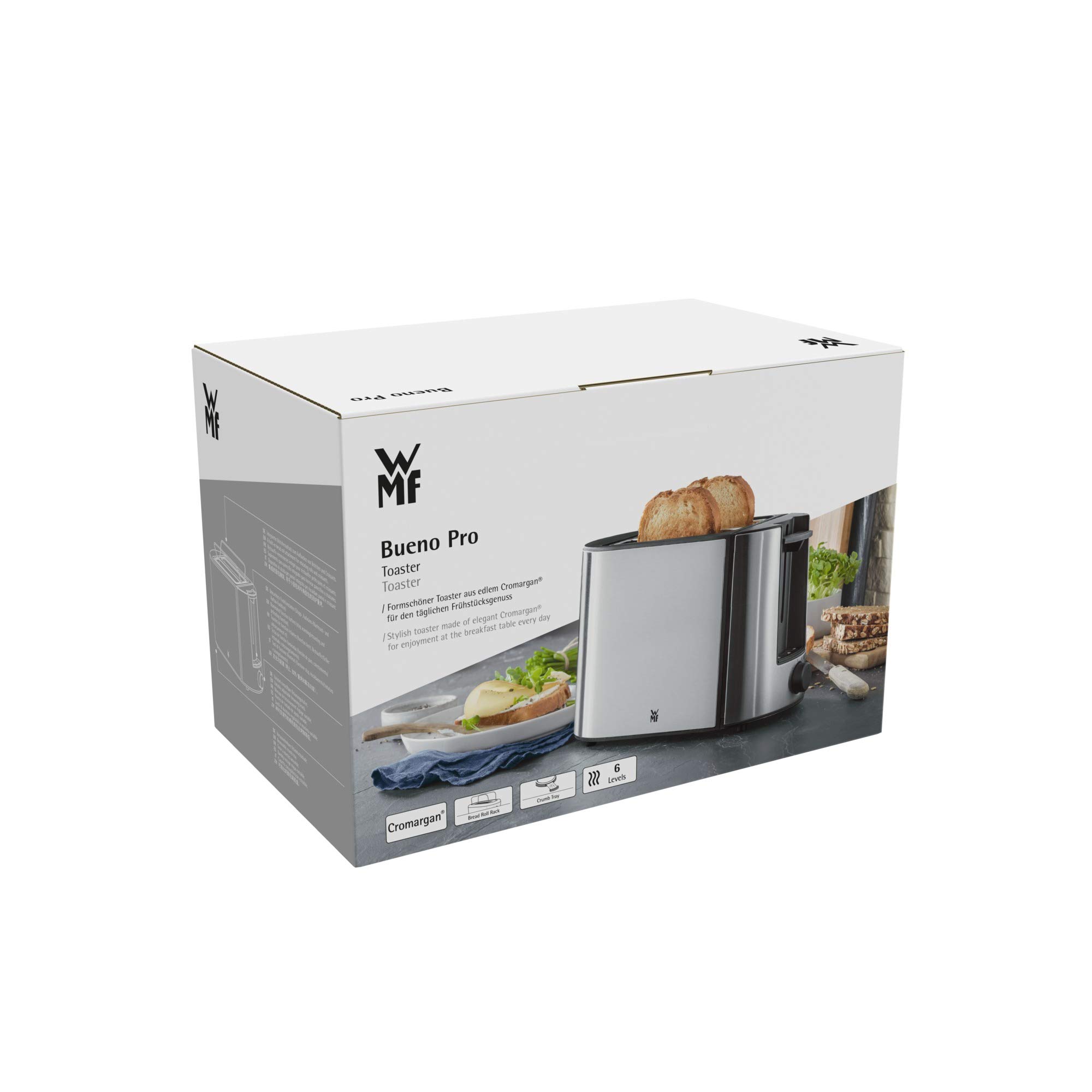 WMF Bueno Pro Tostapane a 2 fette, doppia fessura in acciaio inox con inserto per panini, 2 fette, 6 livelli di doratura, 870 W, acciaio inox opaco