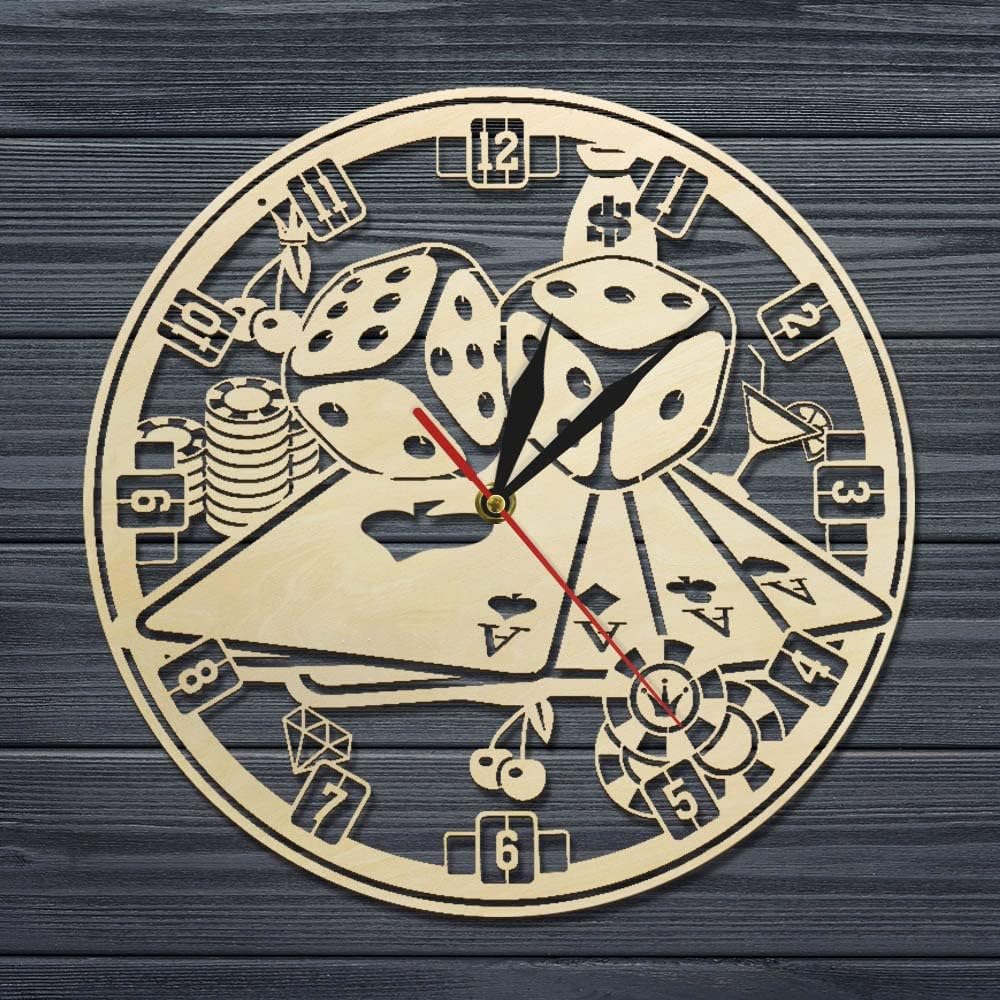 Poker Chip Set Playing Cards Dice 12 Inches Slient Wooden Clock with Retro Design,Battery Operated Wall Clock for Living Room,Bedroom and Office Decor