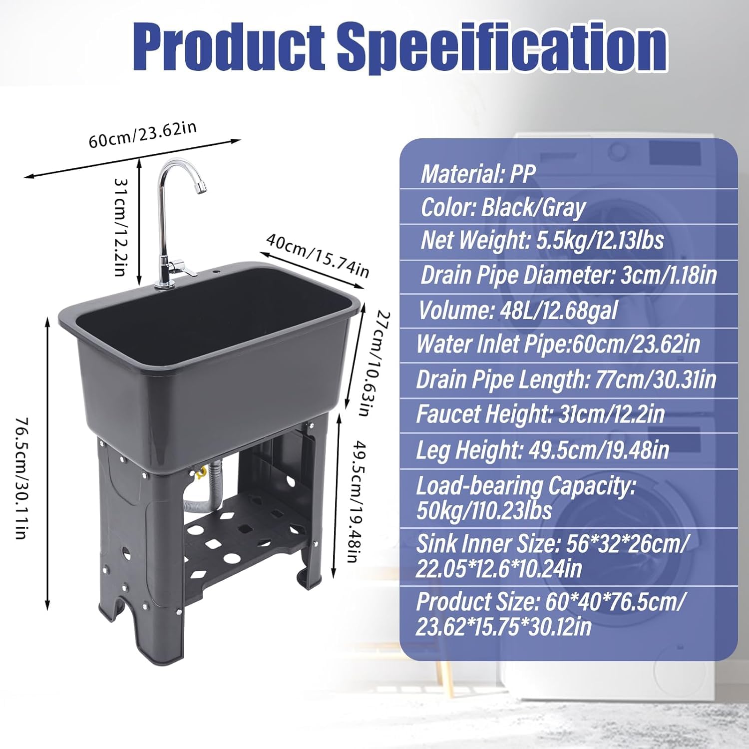 Laundry Sink with Washboard - Freestanding Plastic Utility Tub, Outdoor Laundry Sink with Faucet, Drain, Storage Shelf Kit for Garage, Basement, Garden - 23.62 * 15.75 * 30.12in (Gray)
