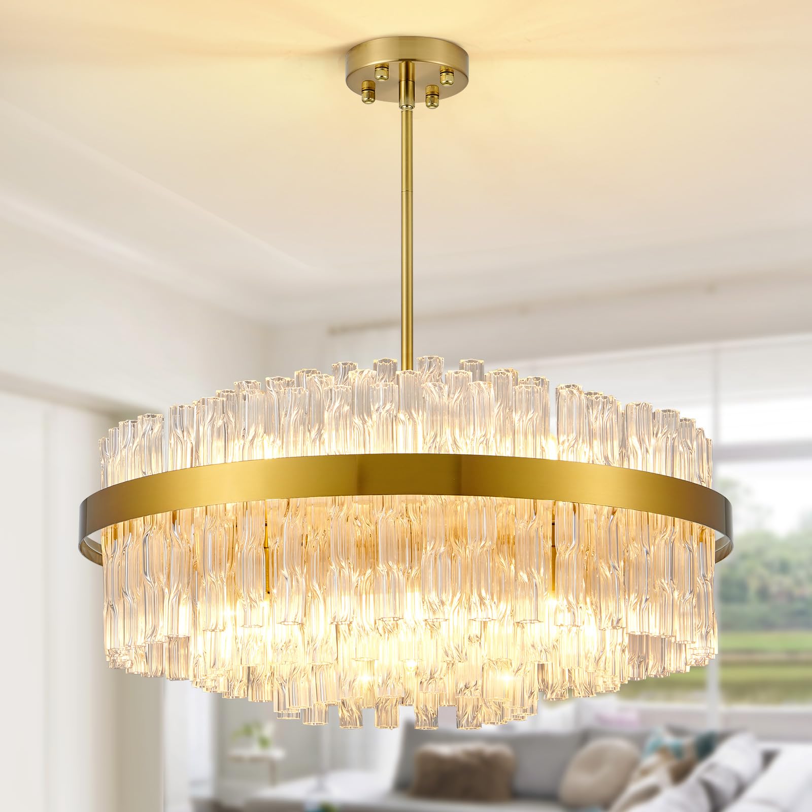 Gold Kristall-Kronleuchter, bündig montierte Kristall-Deckenleuchte, runde Kronleuchter-Pendelleuchte für Wohnzimmer, Kücheninsel, Esstisch, Flur, G9 x 12 Leuchten, 60 cm