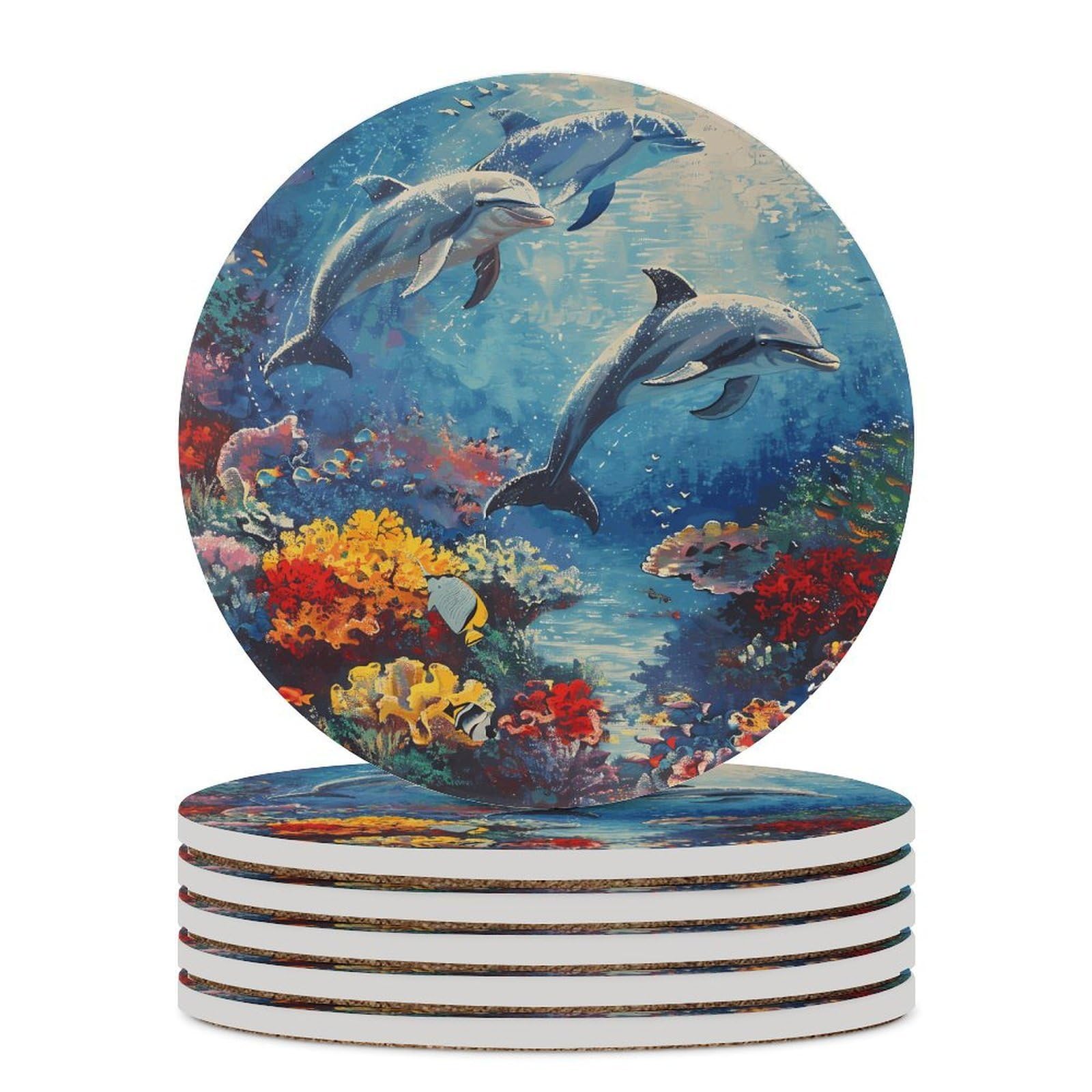 Seabed Coral Fish Dolphins Coaster with Cork Base Drink Coasters for Coffee Table Decor Modern Cup Coasters with Non-Slip & Heat-Resistant Cute Ceramic Table Coaster for Home Dining