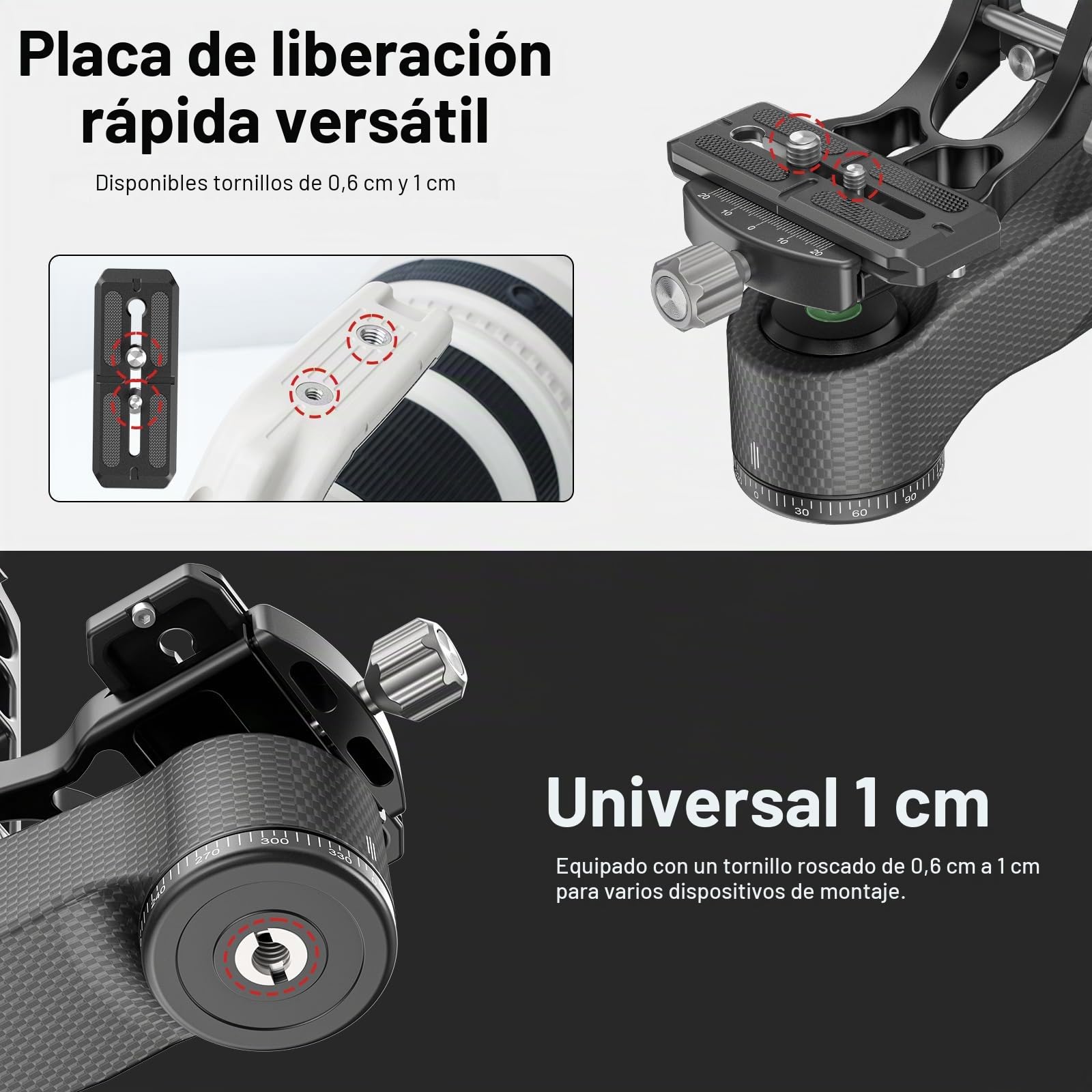 EVUMO P9 Cabezal de Trípode de Cardán, Gimbal Head de 360°, Cabezal Trípode Profesional de Fibra Carbono, con Placa de Liberación Rápida Arca-Swiss de 1/4'' y 3/8'', Carga Máxima 20kg para Cámara DSLR