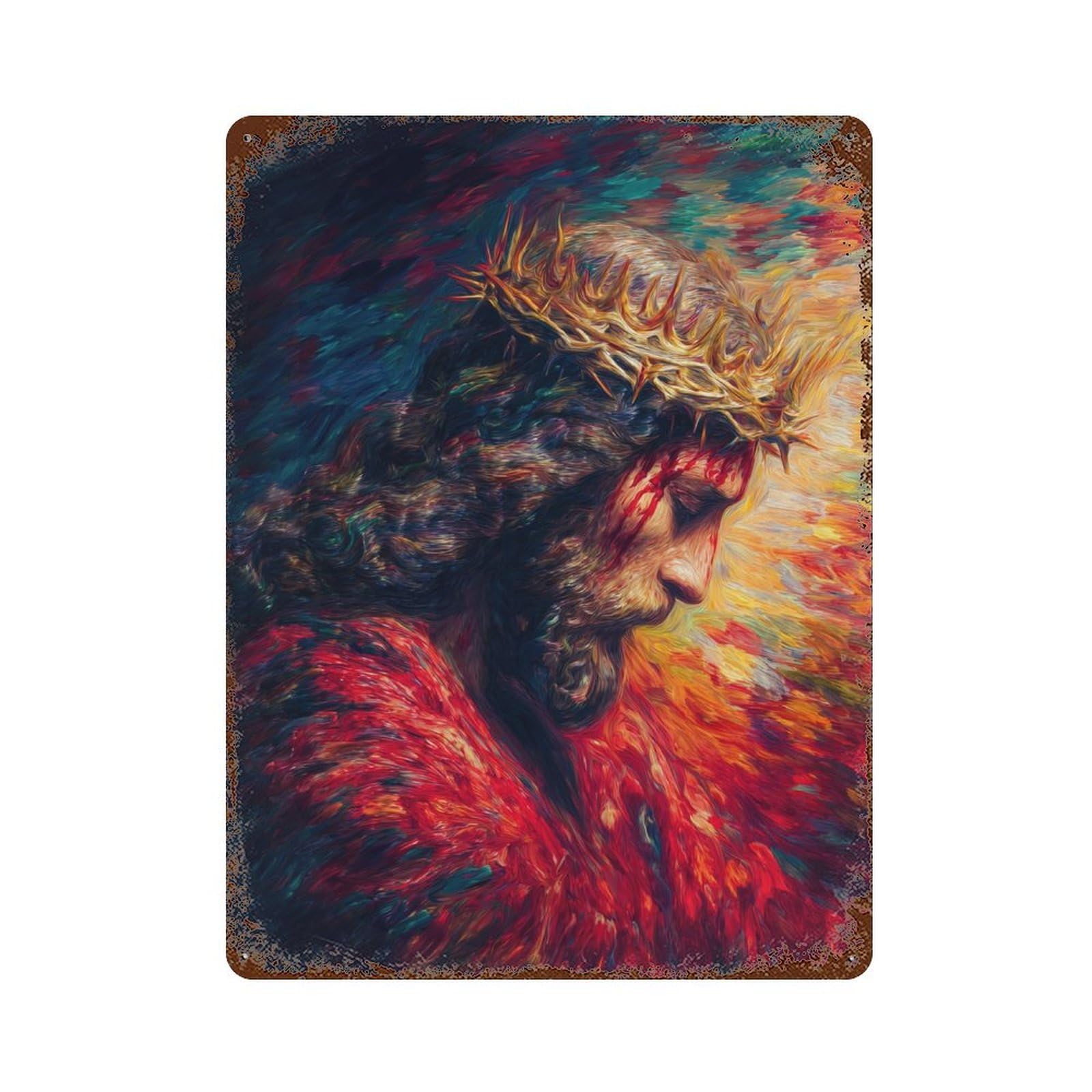 Garage Style Passion of Christ Painting Distressed Metal Wall Sign 15.7"x11.8", Rustic Home Decor for Bar And Workshop