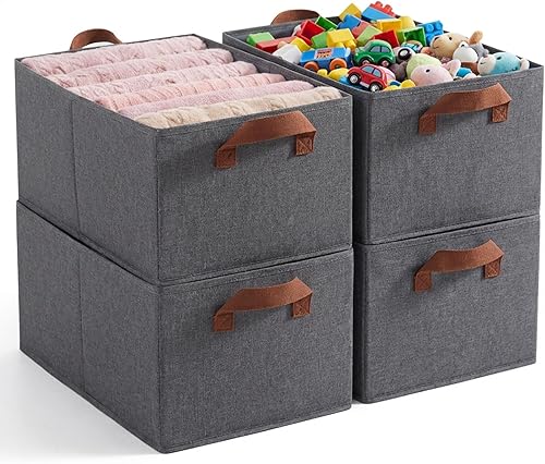 4 Pack Large Capacity Closet Storage bins, Foldable Storage Bins for Shelves, Large Fabric Closet Organizers with Handles for Clothing, Toys, Books,