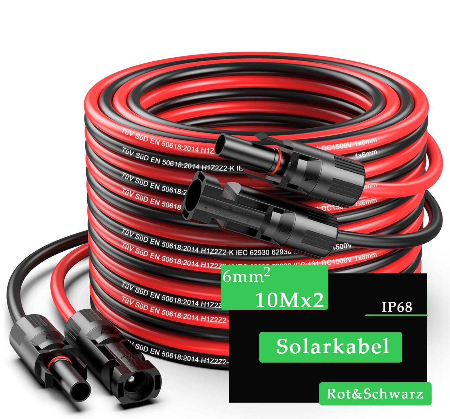 Solarkabel 4mm²/6mm²,Solarkabel Verlängerung 2/3/5/10/15M,Tool-Free Solarverlängerungskabel, PV Kabel (6mm²10m)