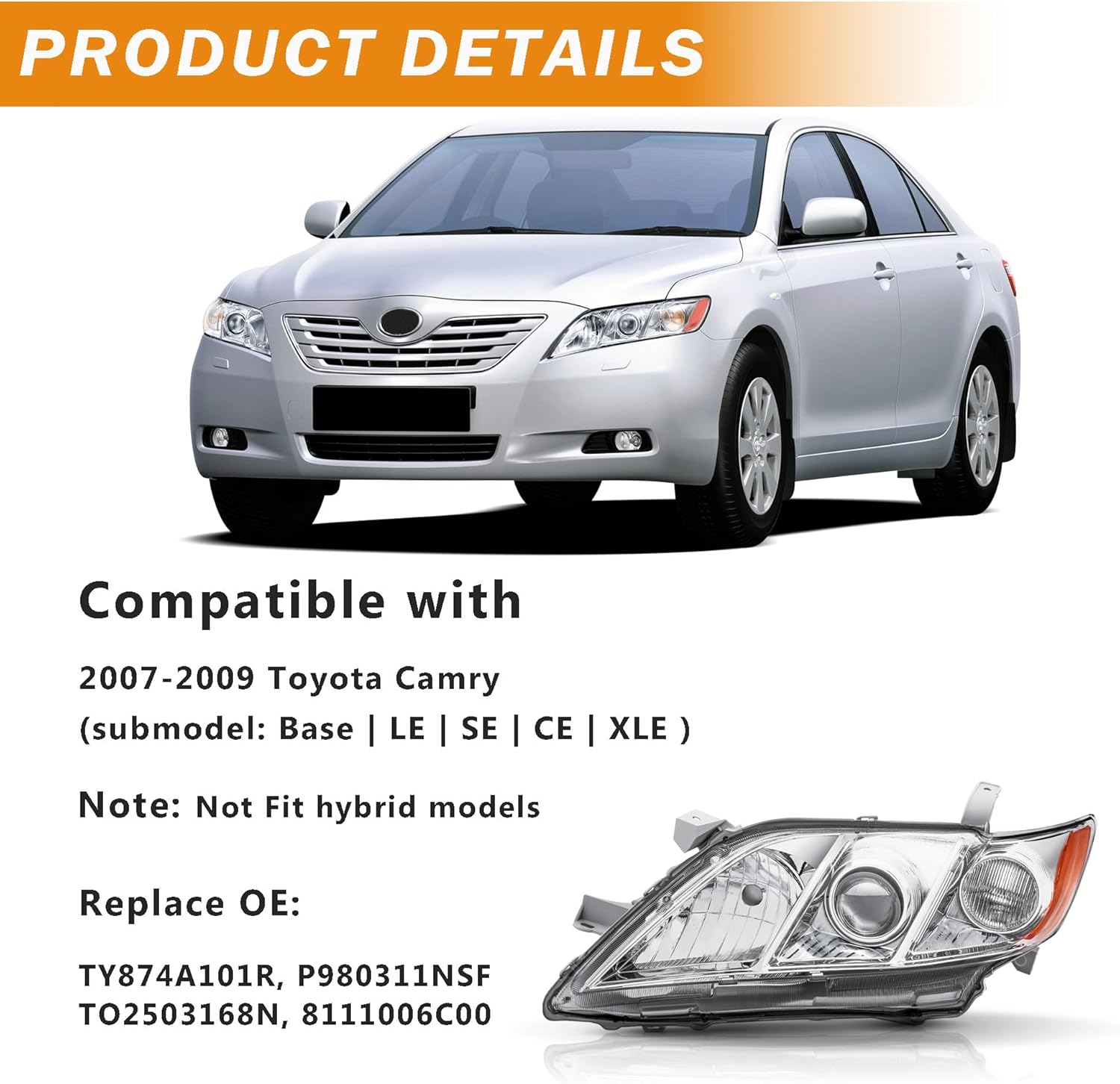 headlight assembly compatible with 2007 2008 2009 toyota camry base/ce/le/xle us version, chrome housing amber reflector chrome housing 2007-2009