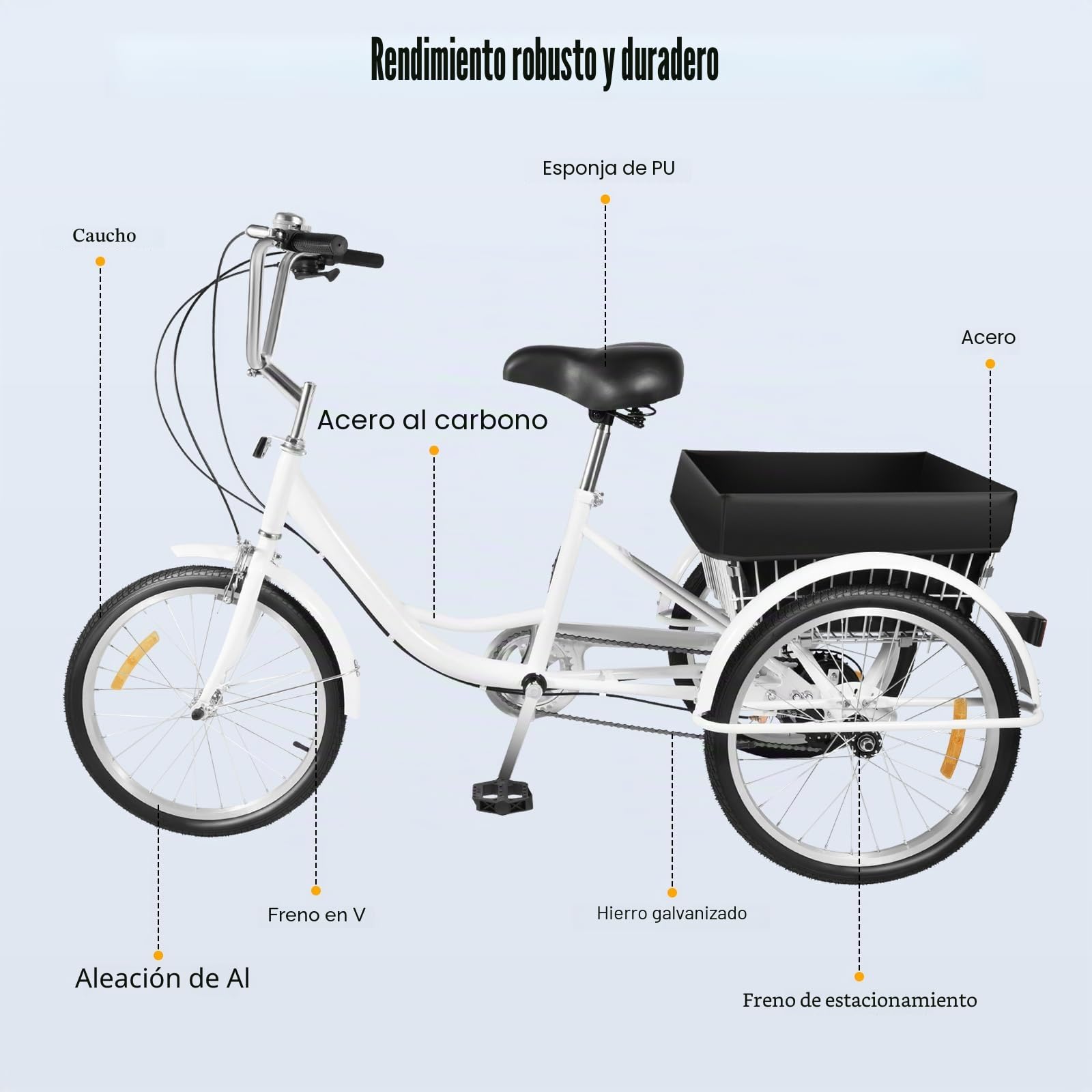 Triciclo de 20 Pulgadas para Adultos, Bicicleta Urbana de 3 Ruedas con Cesta, 8 Velocidades, Ajustable en Altura, Negro y Blanco