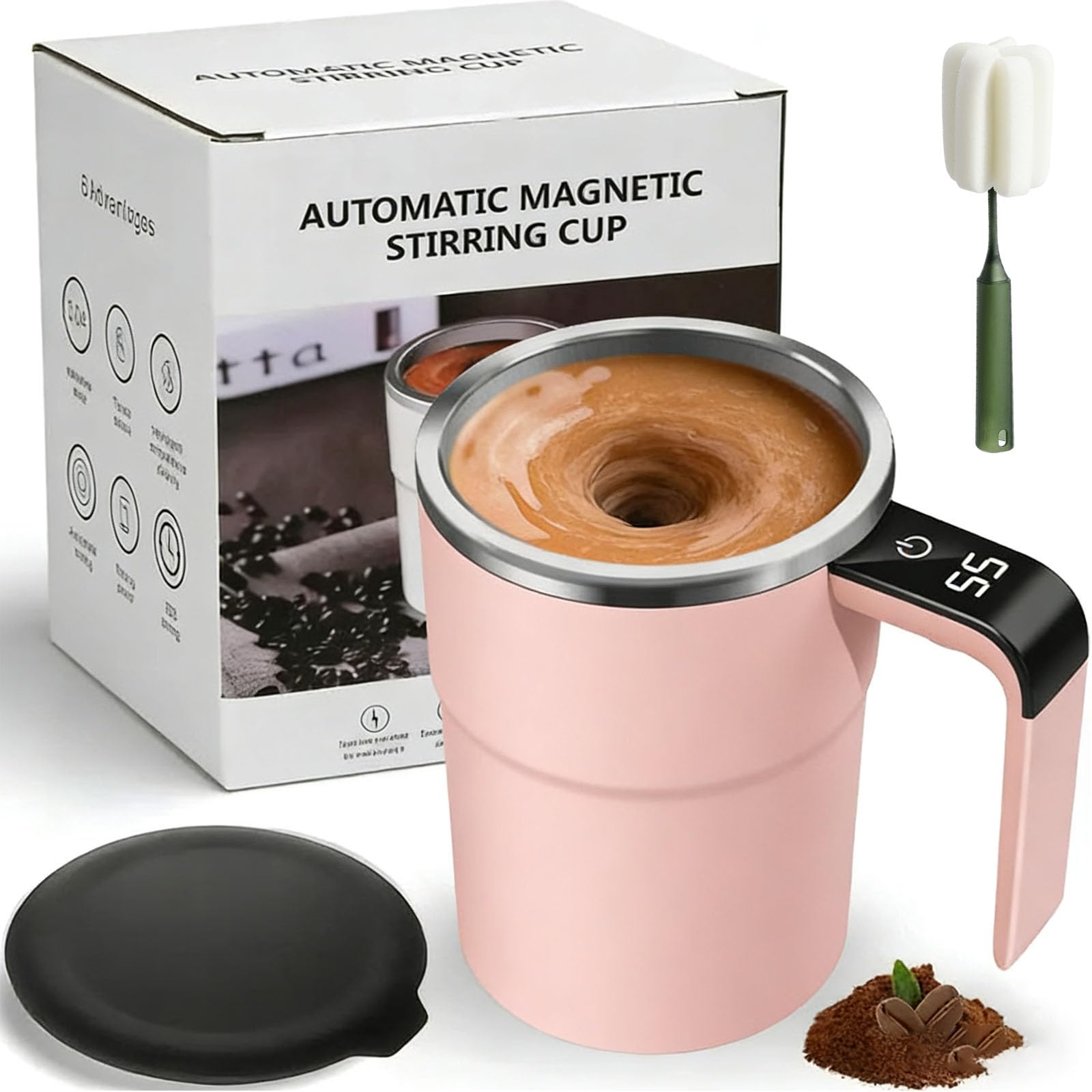 Electric Coffee Mug with a Built-In Lcd Thermometer, Electric Coffee Mug Mixer, Rechargeable Self Stirring Mugs, Perfect for Brewing Coffees, Milk, Cocoa, Etc (Pink)