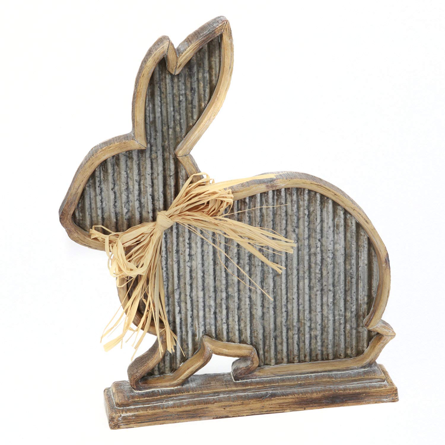 One Holiday Way 13-Inch Rustic Wood and Corrugated Metal Bunny Silhouette Figurine with Raffia Bow – Decorative Tabletop Mantel Easter Spring Farmhouse Decoration Home Decor