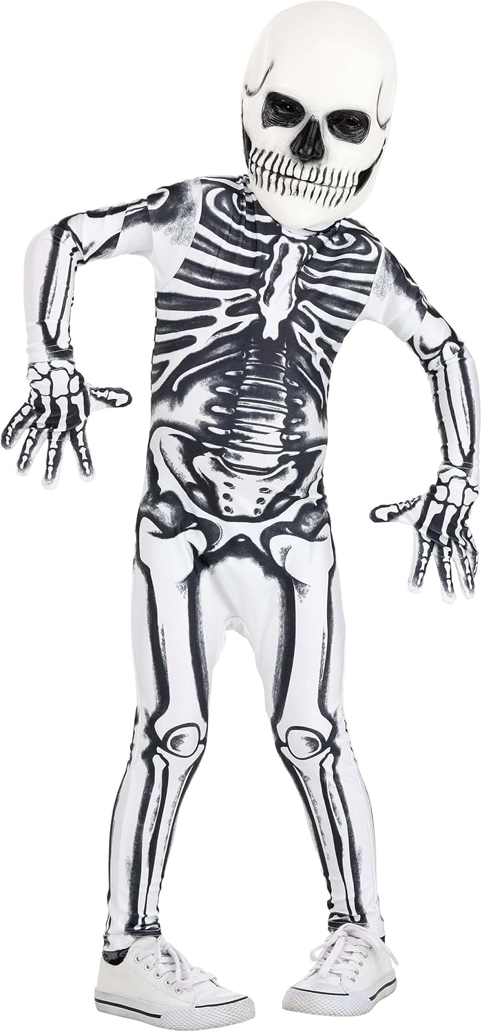 White Skeleton Toddler Costume - Hooded Jumpsuit, Mask & Gloves with Printed Bones, Easy Back Zipper