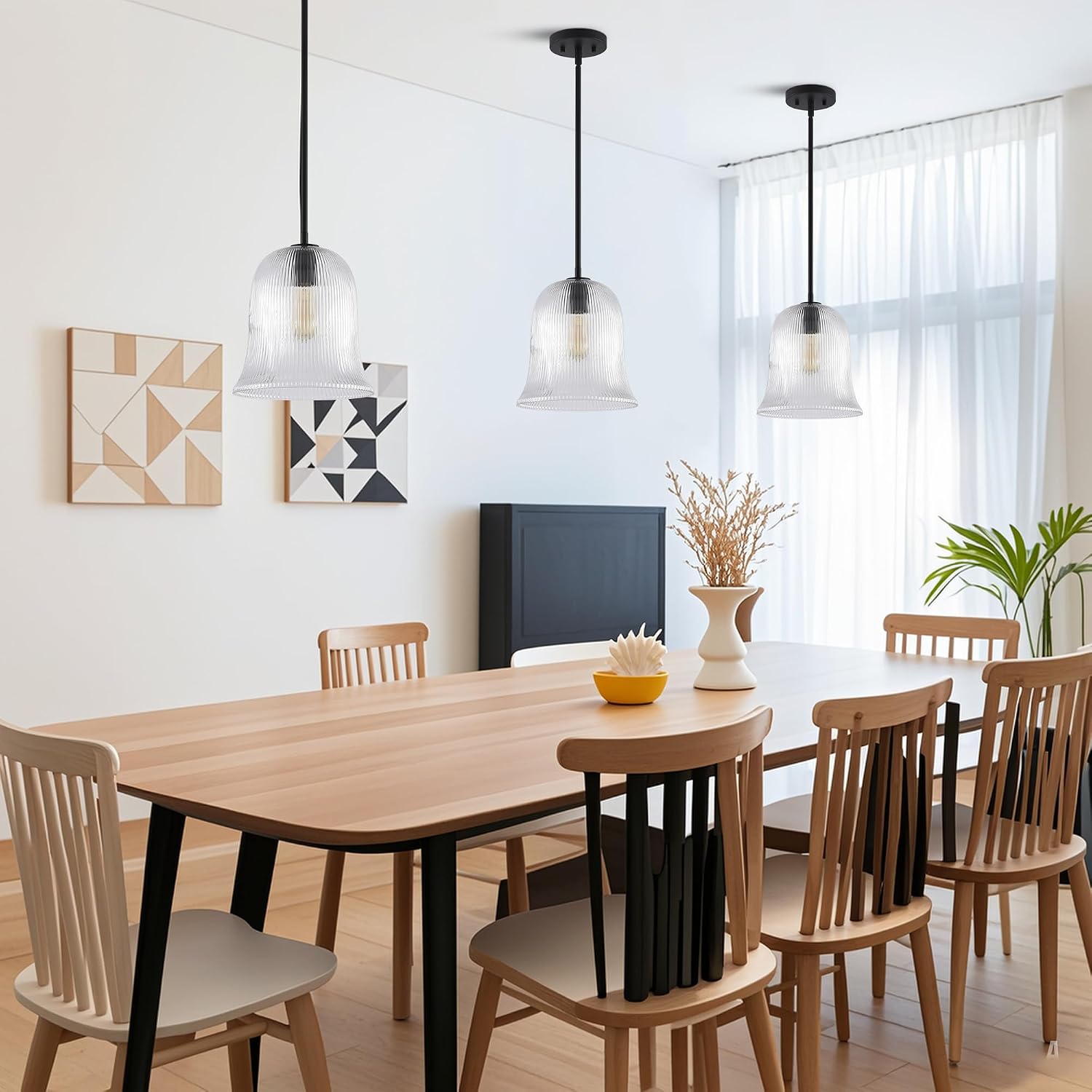 Maxax Modern Black Pendant Light for Kitchen Island, Bell Shape Hanging Ceiling Light Fixture with Clear Ribbed Glass Shade, Dining Room Hallway Lighting