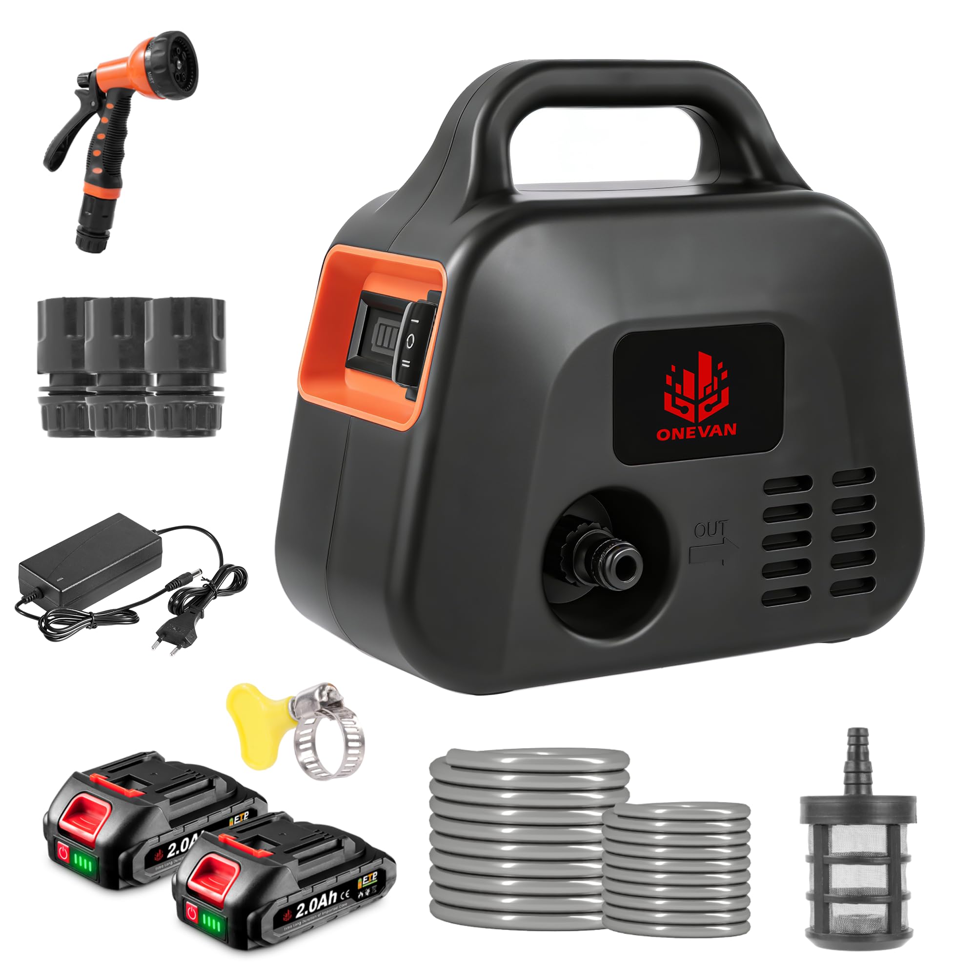 ONEVAN Pompa dell'acqua a batteria, 600 l/h, pompa da giardino elettrica con indicatore di potenza, 2 batterie da 2000 mAh, regolazione a 2 marce, pompa dell'acqua con ugello 7 in 1, tubo, filtro