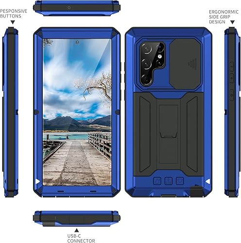 Miniatura 4 de Funda para Samsung S22 Ultra con protector de cámara de pantalla, Samsung S22 Ultra resistente de metal militar resistente a prueba de agua con