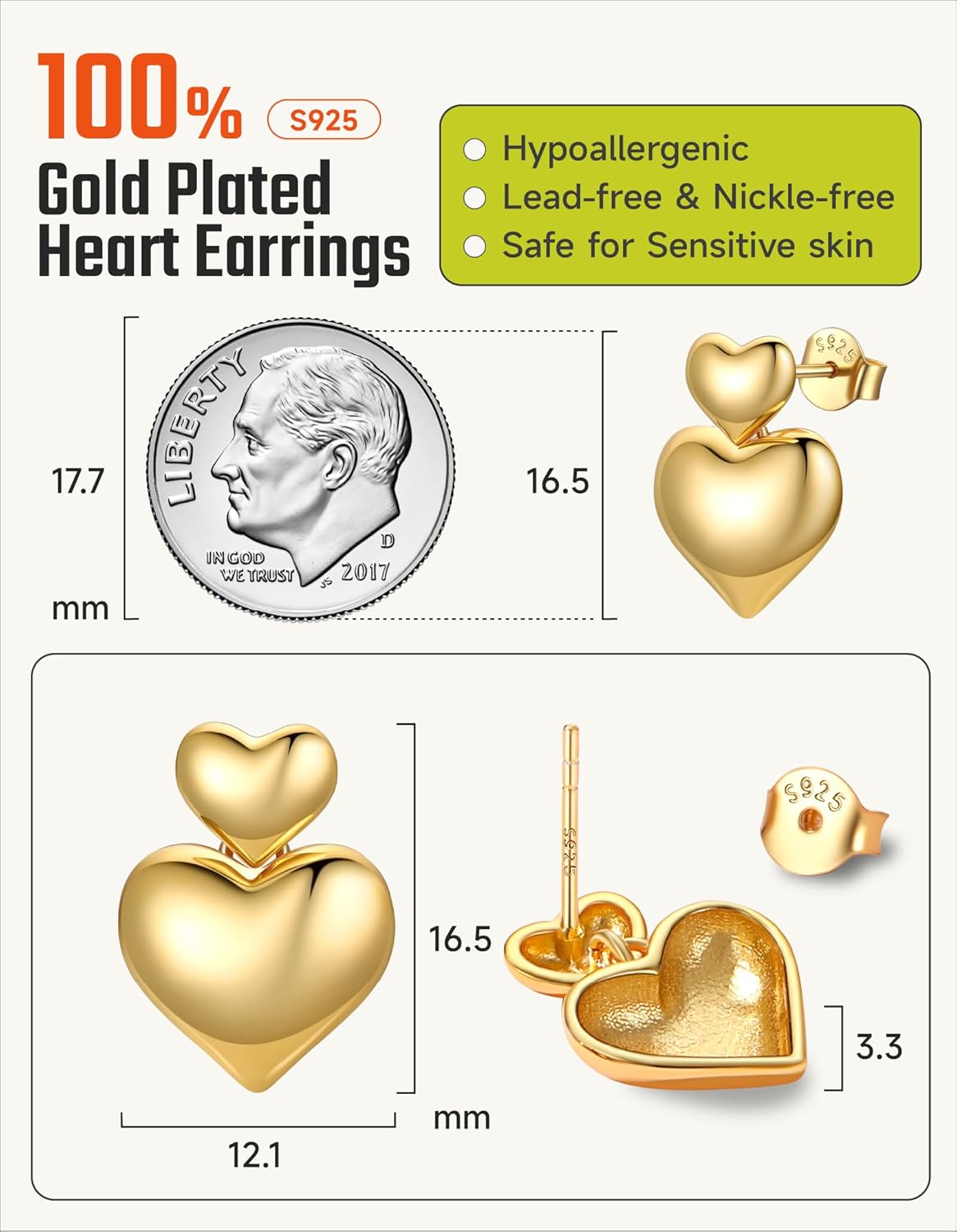 14K Gold Heart Earrings for Women|Double Heart Studs 925 Solid Sterling Silver Hypoallergenic Chunky Vintage Earrings 14K Gold Plated Jewelry for Daily Anniversary Birthday Gifts for Her Wife Girlfriend - Image 7