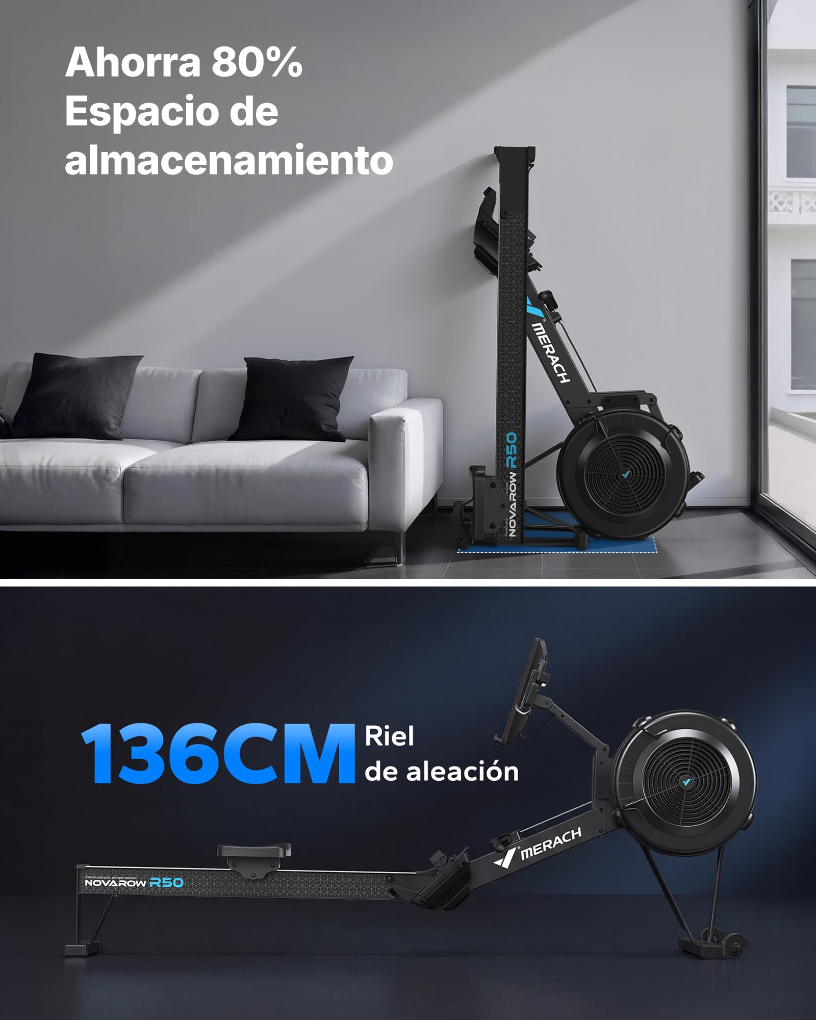 MERACH NovaRow R50 Pro Wioślarz z oporem powietrznym do domu | Monitor treningowy, Regulowany opór powietrza, Ergonomiczne siedzisko, Uchwyt na urządzenie, Łatwe przechowywanie