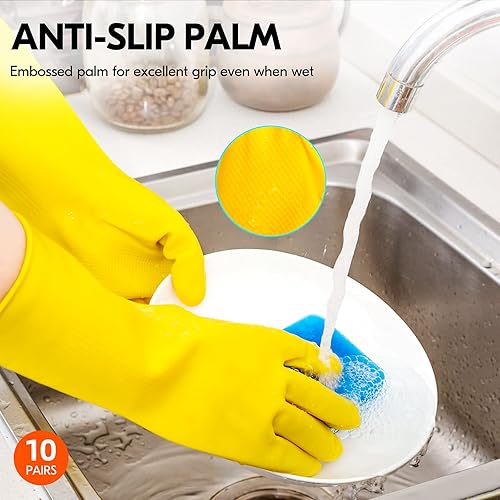 Miniatura 5 de 10 pares de guantes de limpieza del hogar reutilizables, guantes de goma de manga larga para lavar platos de cocina, grosor extra antideslizante (L)