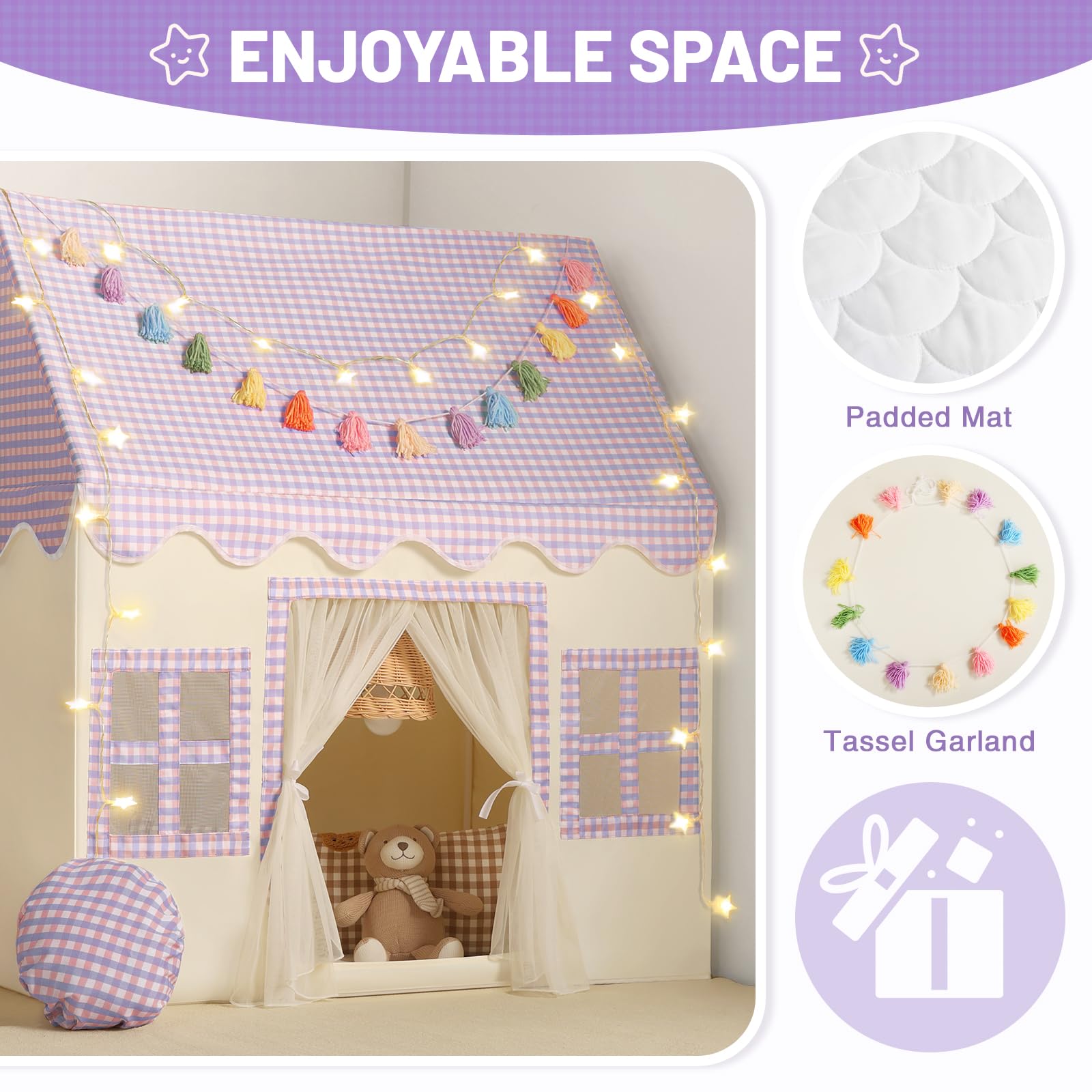 Wilwolfer Kids Play Tents Indoor: Princess PlayHouse with Purple Checkered & Padded Mat & Colorful Tassel Garland - Image 2