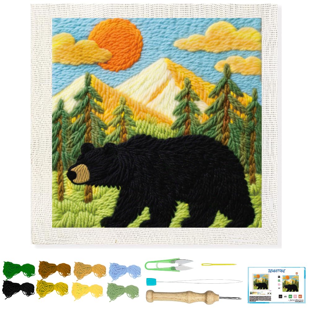 BEUNITONE Bear and Nature Theme Punch Needle Kit for Beginners, Forest Animals Starter Embroidery Kits with Frame & Instructions, Needle Felting Kit Poke Art for Adults DIY Craft, Handmade Decor — image 1