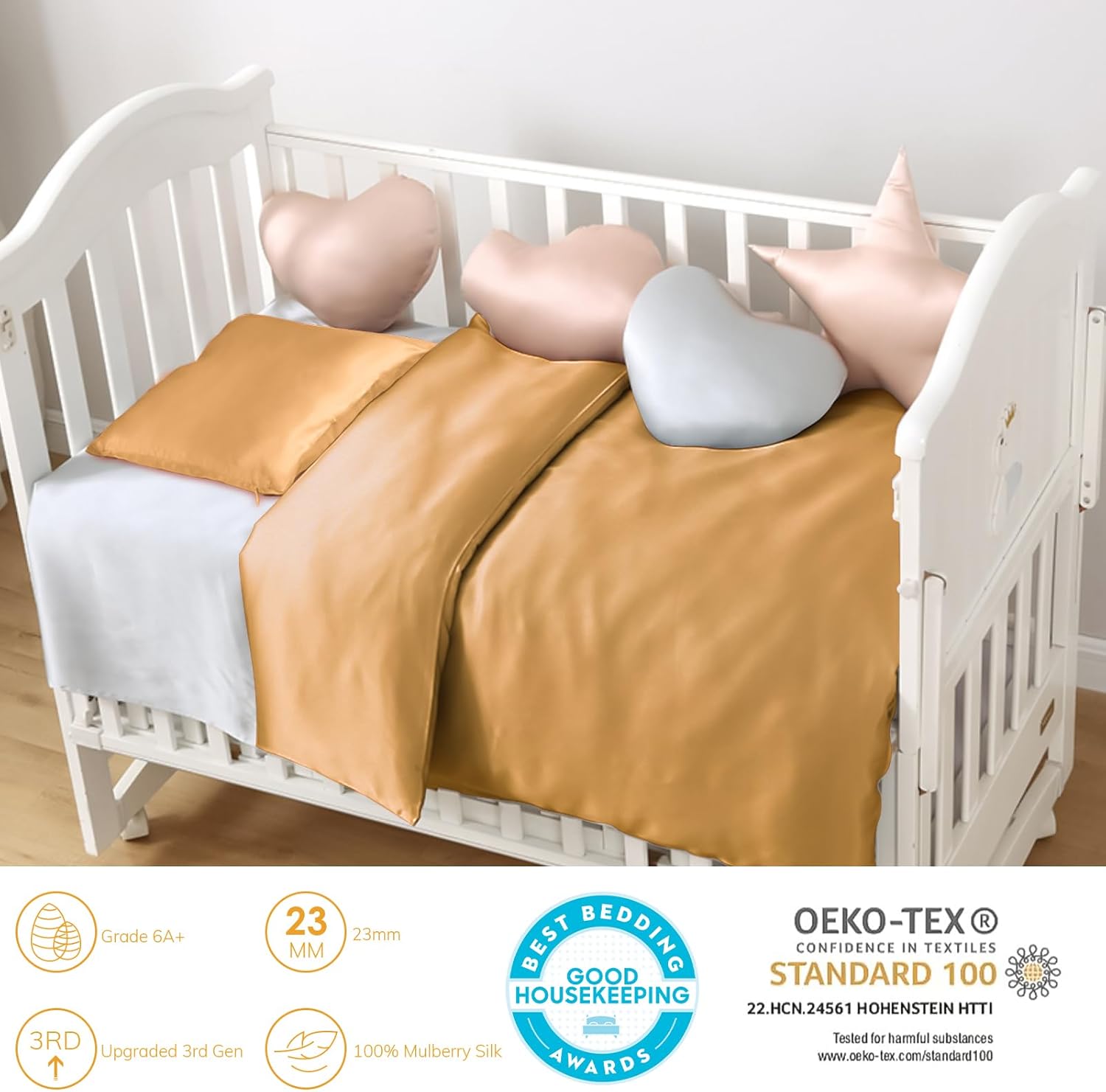 PROMEED 100% Natural Silk Toddler Nursery Bedding Set with Duvet Cover and Pillowcase Toddler Size, 23 Momme, Soft and Breathable for Delicate Baby Skin (Gold, Crib)