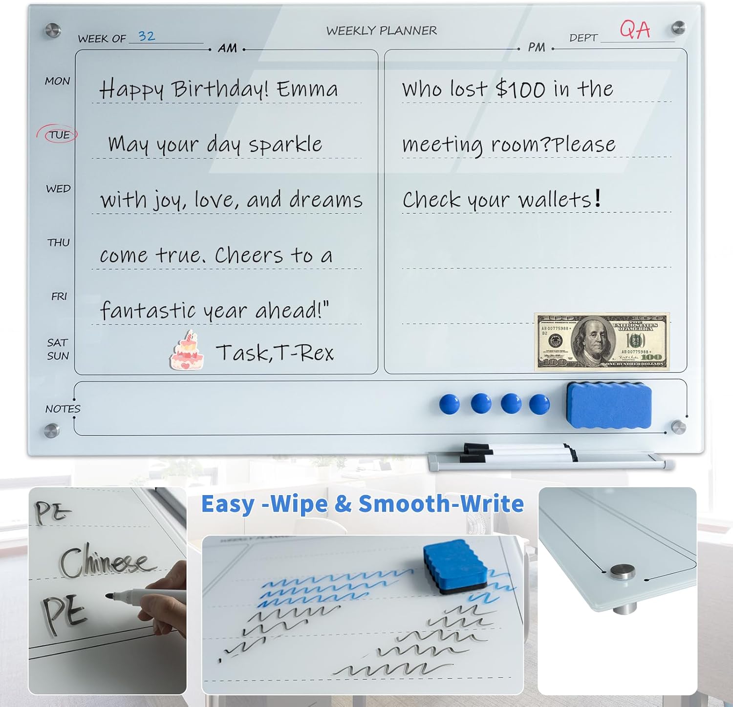 Magnetic Planner Writeboard 24"X36" Weekly Glass Calendar White Glassboard Premium Tempered Dry Erase Boards Frameless Wall Mounted (White)