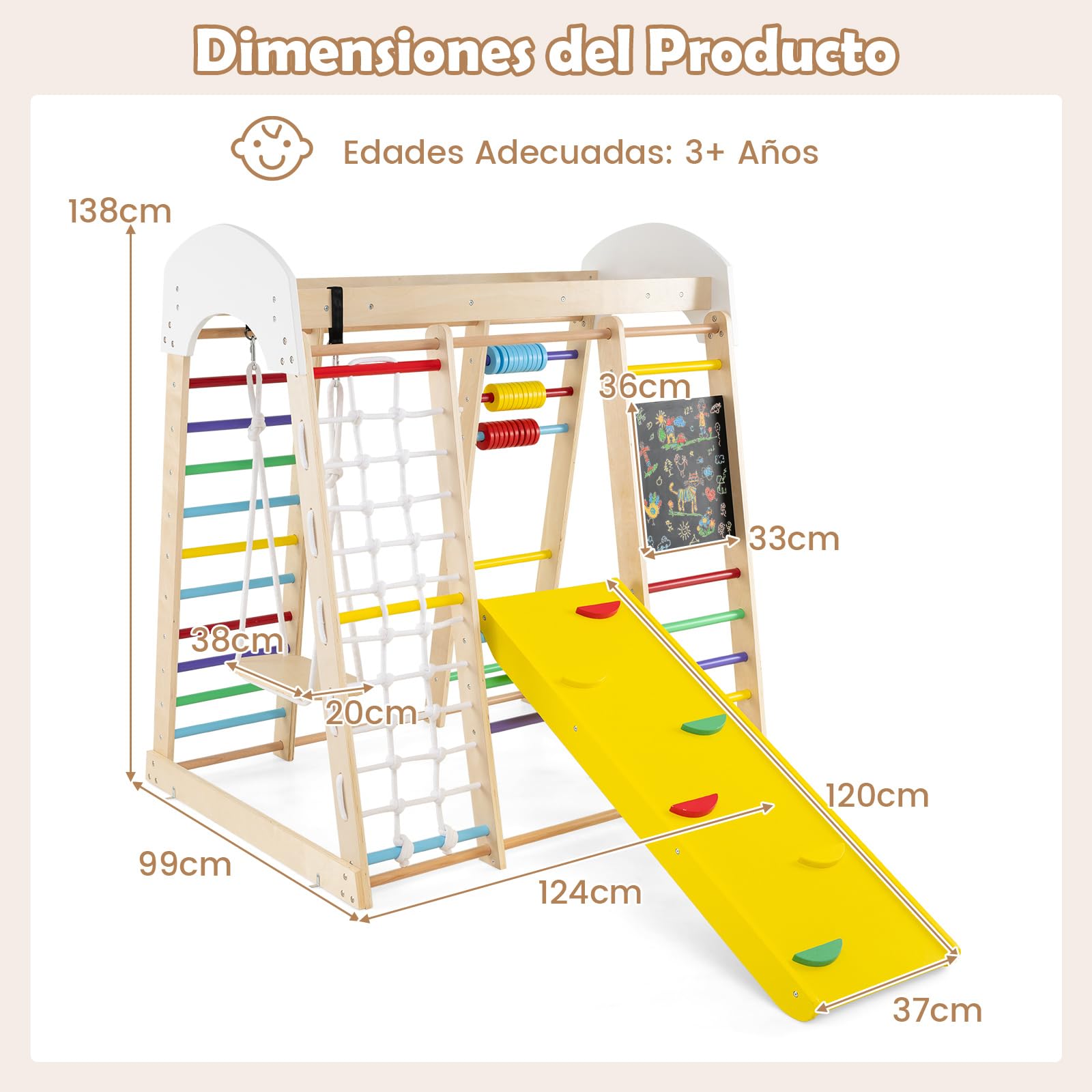 COSTWAY Set Escalada 7 en 1 para Niños,Escaldada de Madera con Rocas de Escalar y Escalera, Red de Escalada, Barra Horizontal, Centro Actividad de Interior para Niños 3+ Años (Multicolor)