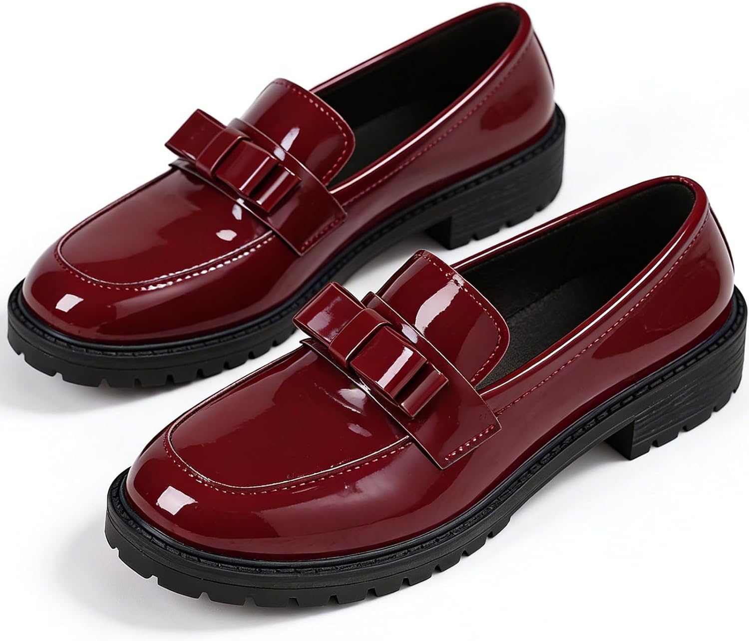 Women's Patent Leather Bow Chunky Heel Loafers Elegant Round Toe Slip On Comfort Non-Slip Lug Sole Platform Dress Shoes for Work Business Daily Casual