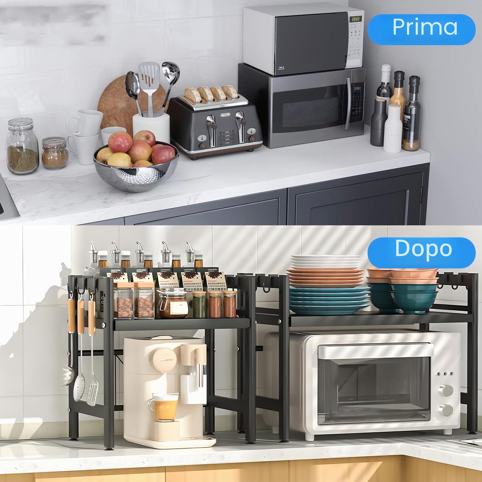 Mensola espandibile a 2 livelli, per microonde, per cucina, con 6 ganci, flessibile, allungabile da 40 a 64 cm, organizer da cucina, colore nero