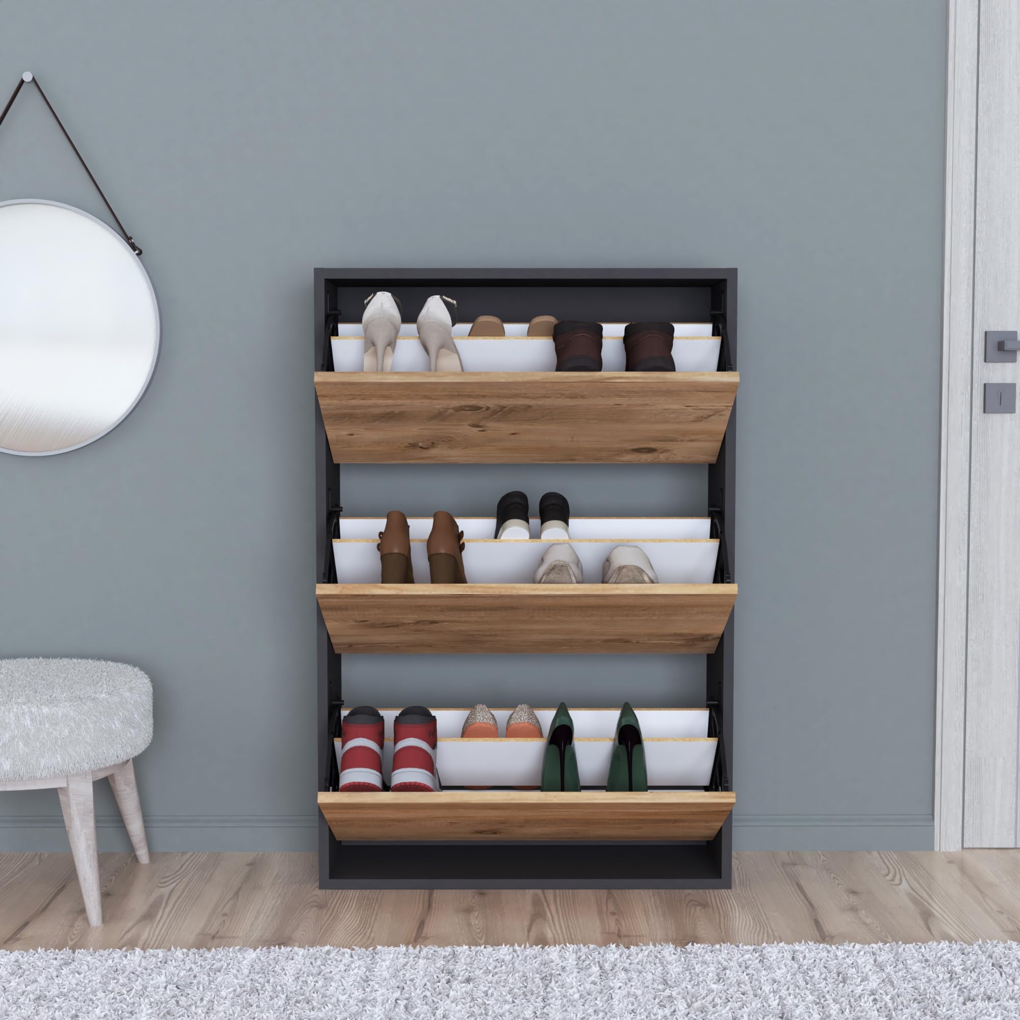 [en.casa] Aurskog szafka na buty uchylna na 18 par, komoda na buty z 3 uchylnymi drzwiami do wejścia, do korytarza, 110 x 73,5 x 24 cm, antracytowa/dąb