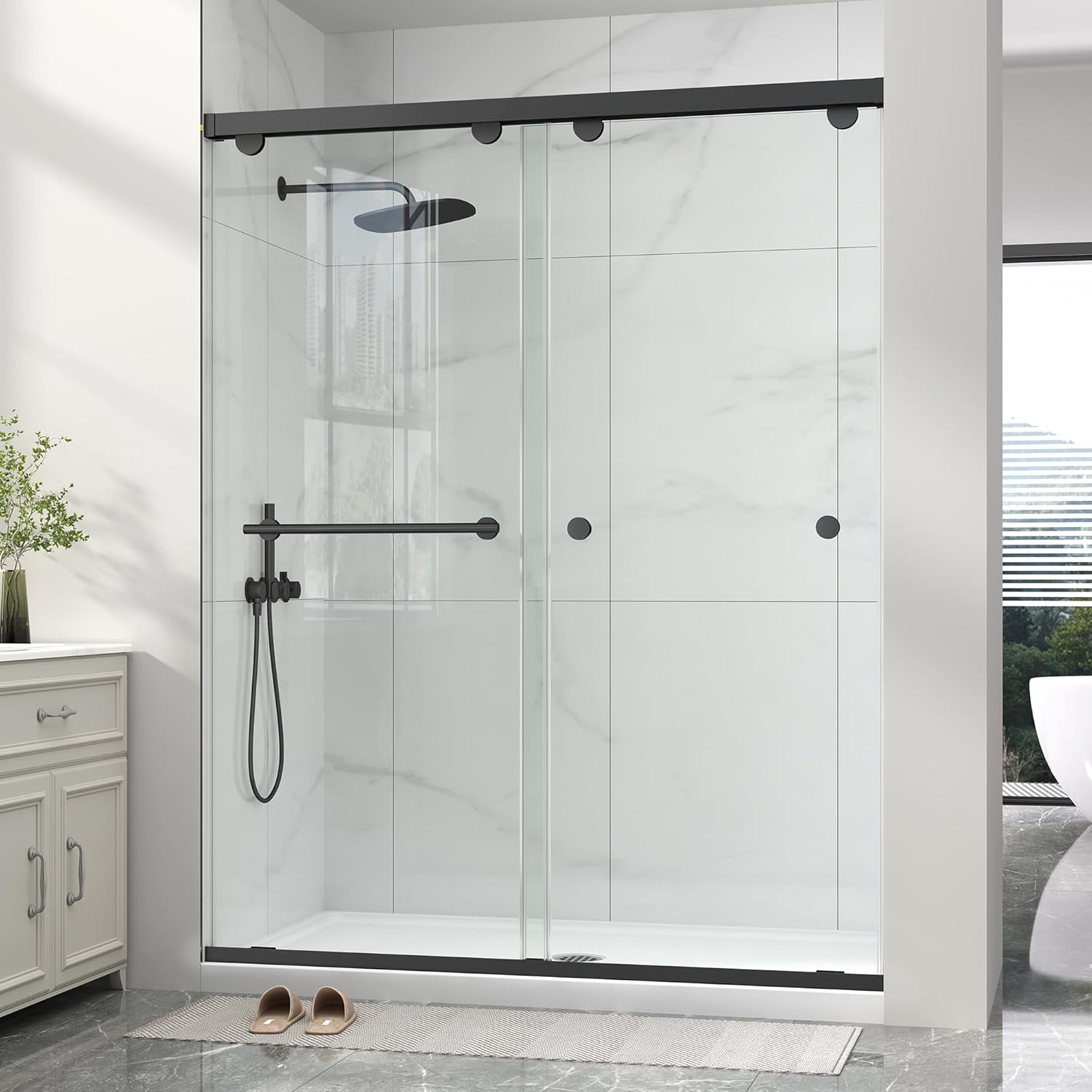 Frameless Shower Door with Soft-Close & Anti-Leak,5/16" (8mm) Double Sliding Shower Door,Nano Coating Anti-Explosion Film SGCC Tempered Glass 43"- 48" W x 76" H,Matte Black